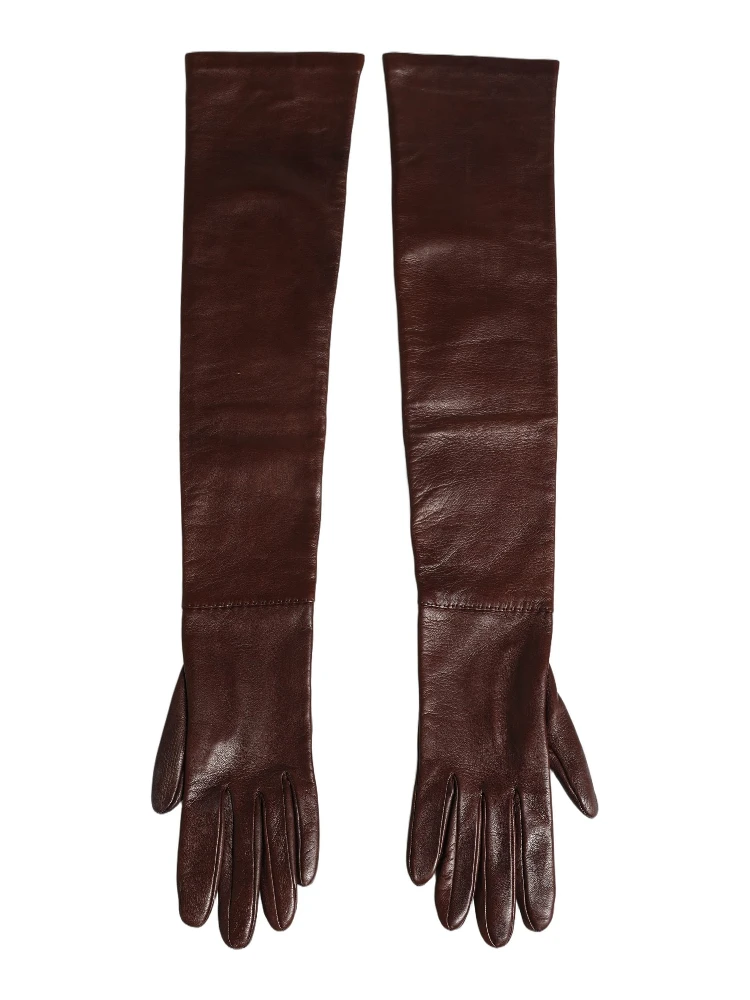 Brown Genuine Leather Long Elbow Length Gloves
