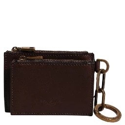 Brown Leather Logo Embossed Key Chain Coin Purse Wallet