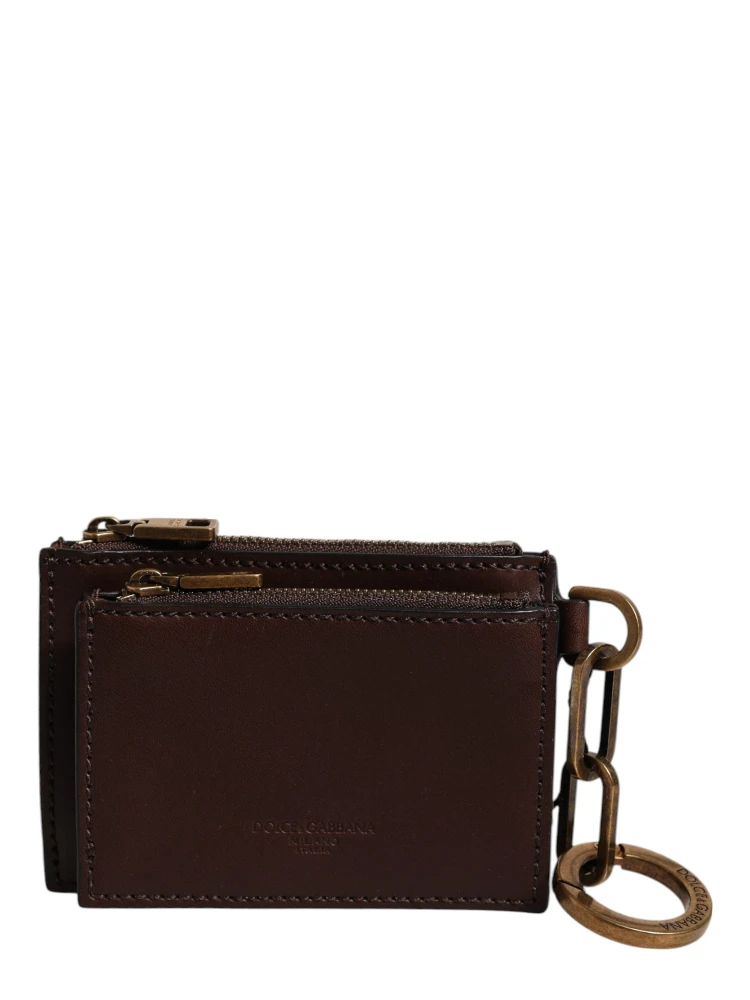 Brown Leather Logo Embossed Key Chain Coin Purse Wallet