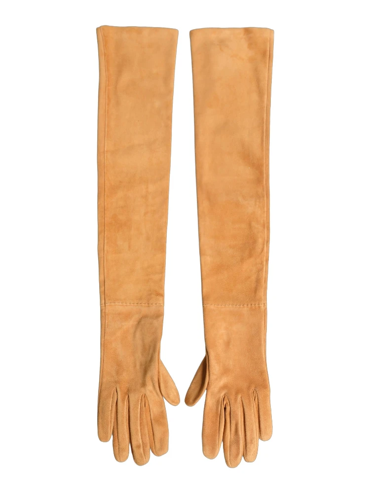 Tan Genuine Leather Suede Elbow Length Gloves