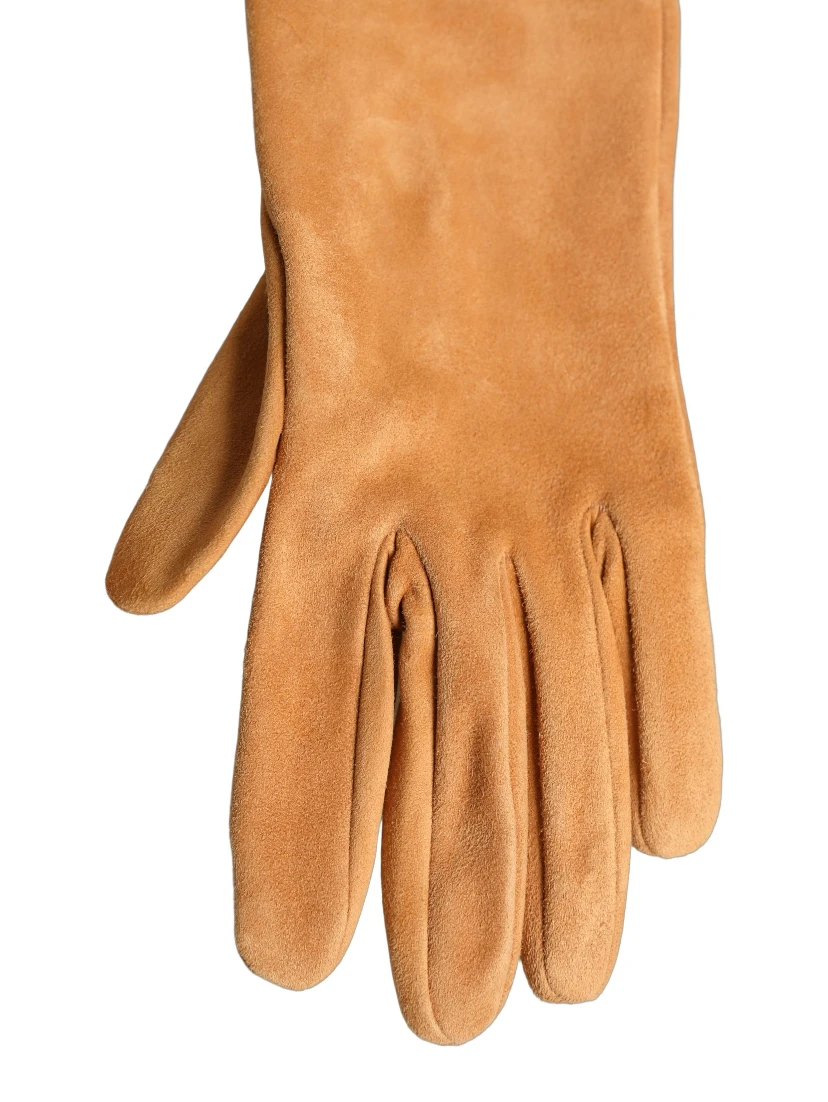 Tan Genuine Leather Suede Elbow Length Gloves