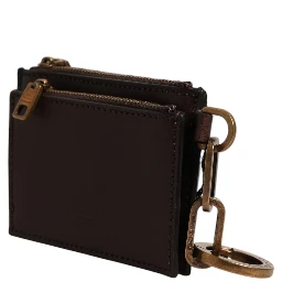 Brown Leather Logo Embossed Key Chain Coin Purse Wallet