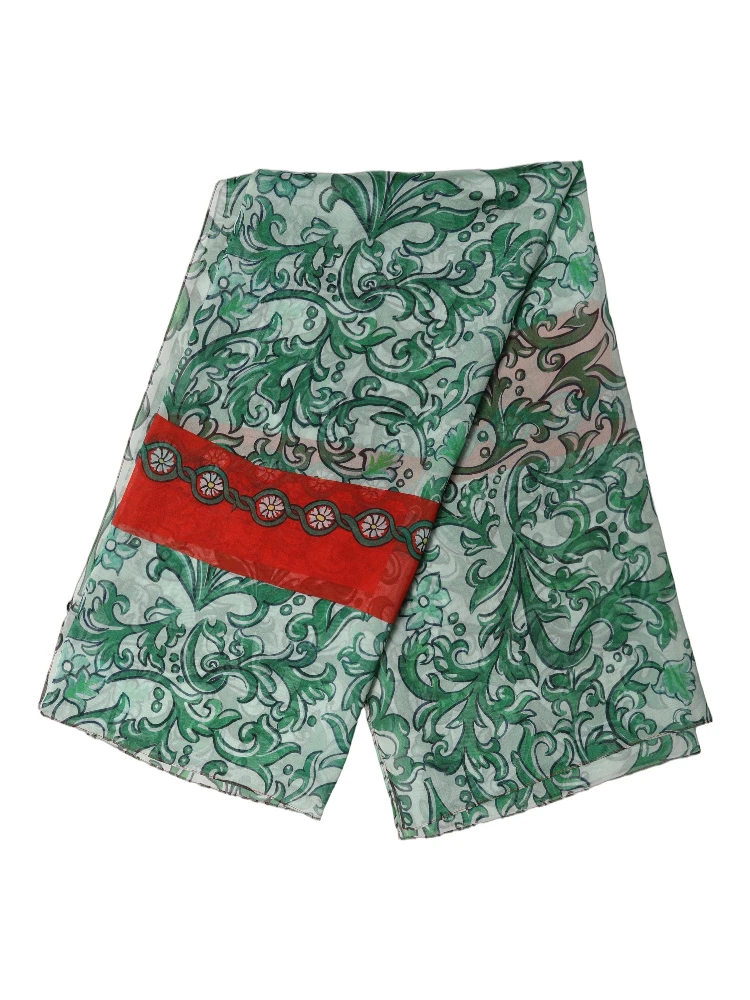 Green Silk Floral Print Square Foulard Scarf