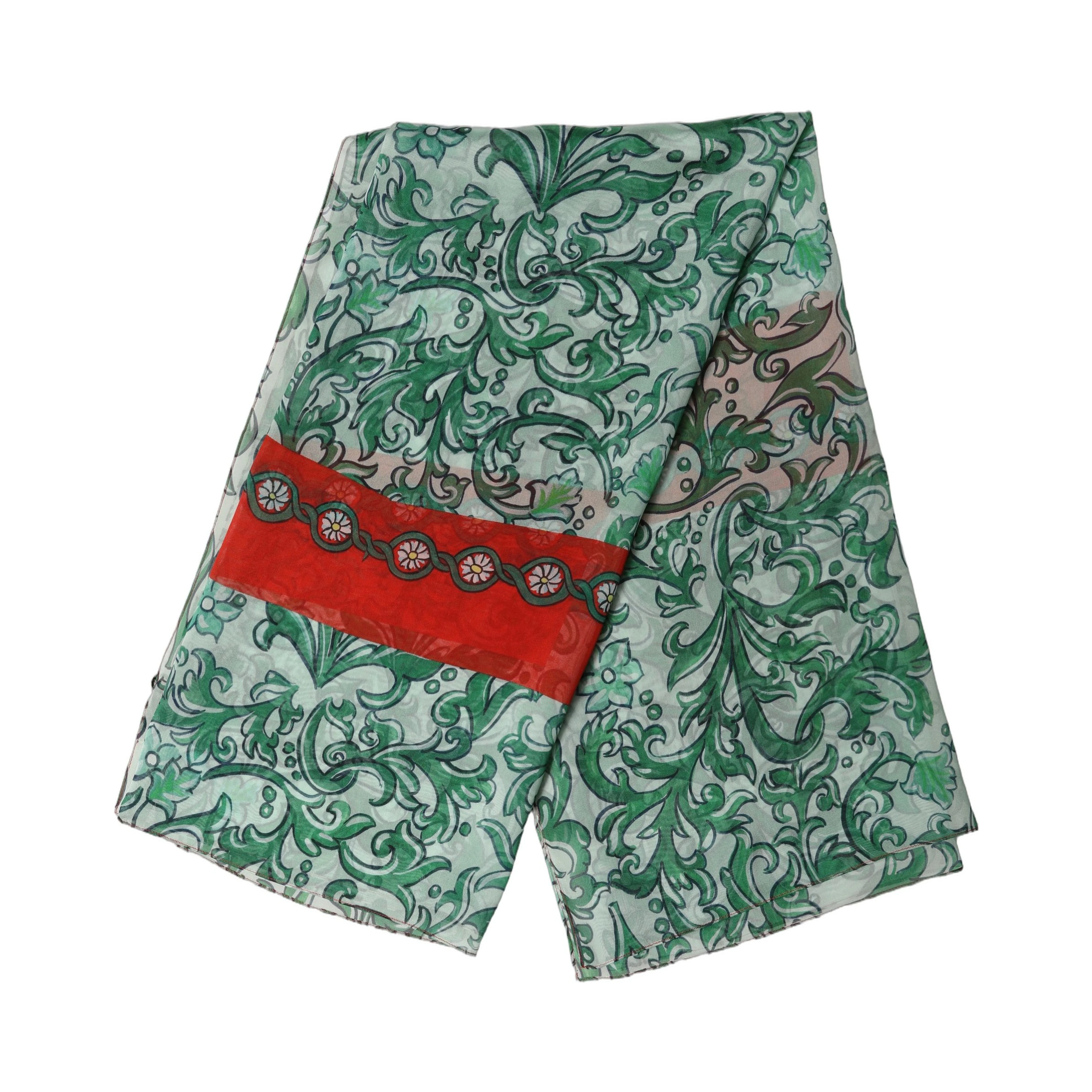 Green Silk Floral Print Square Foulard Scarf