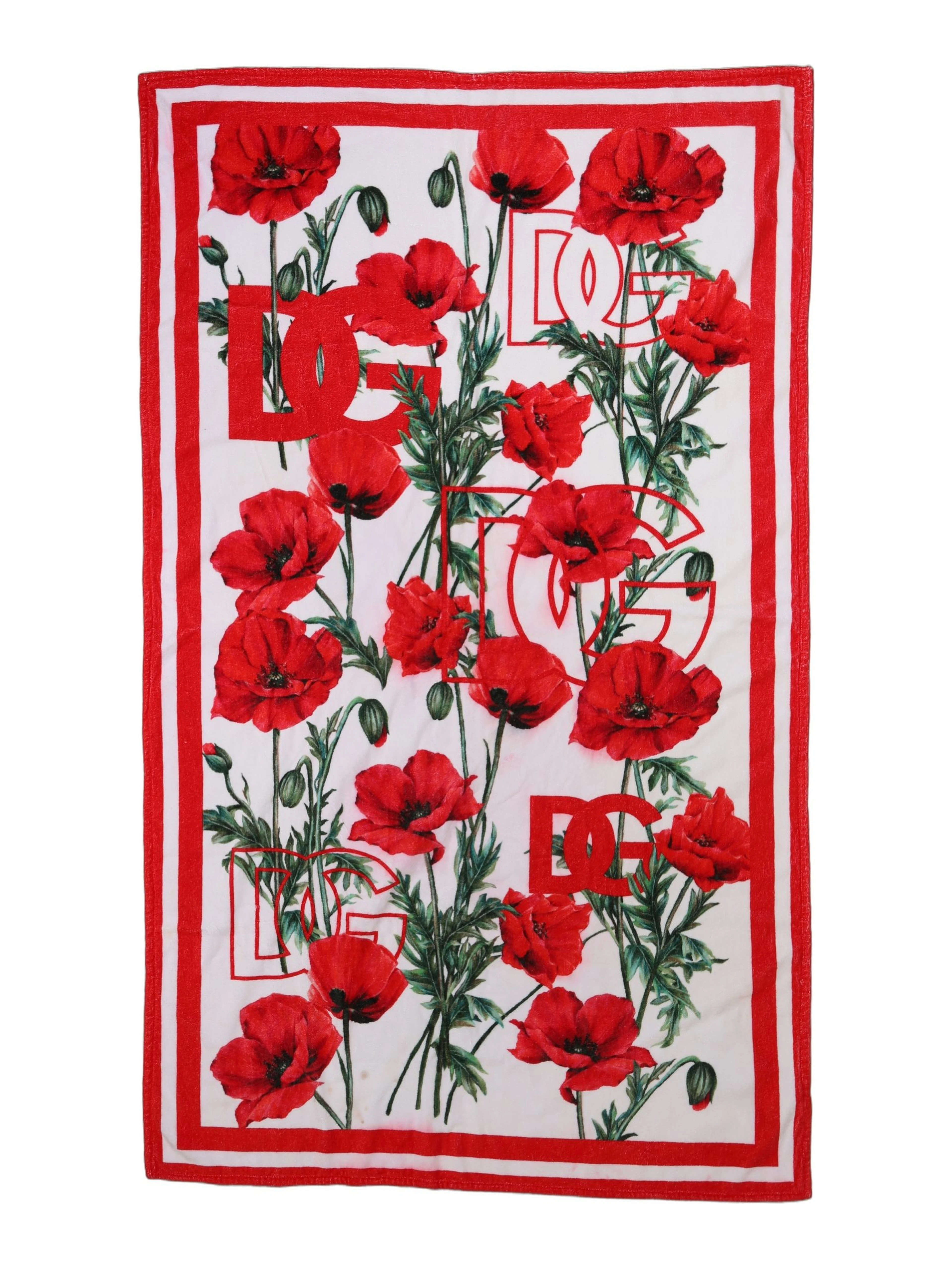 White Floral Poppy Print DG Logo Beach Towel