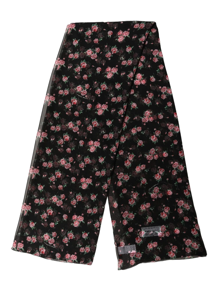 Black Silk Floral Chiffon Long Stole Scarf