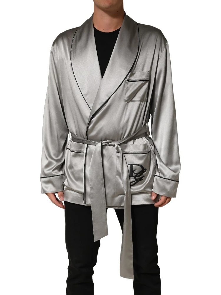 Gray Silk Satin Robe Embroidered Jacket