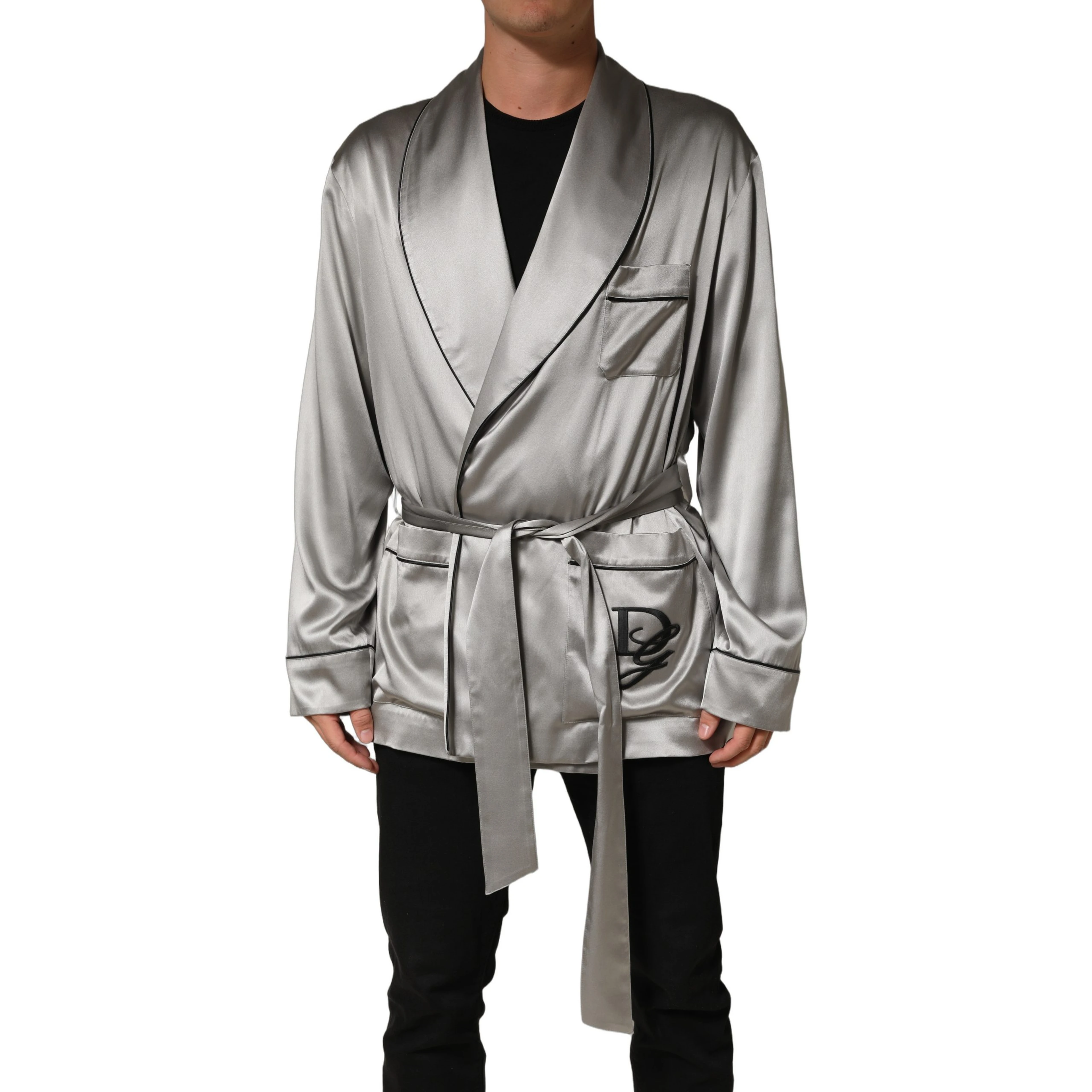 Gray Silk Satin Robe Embroidered Jacket