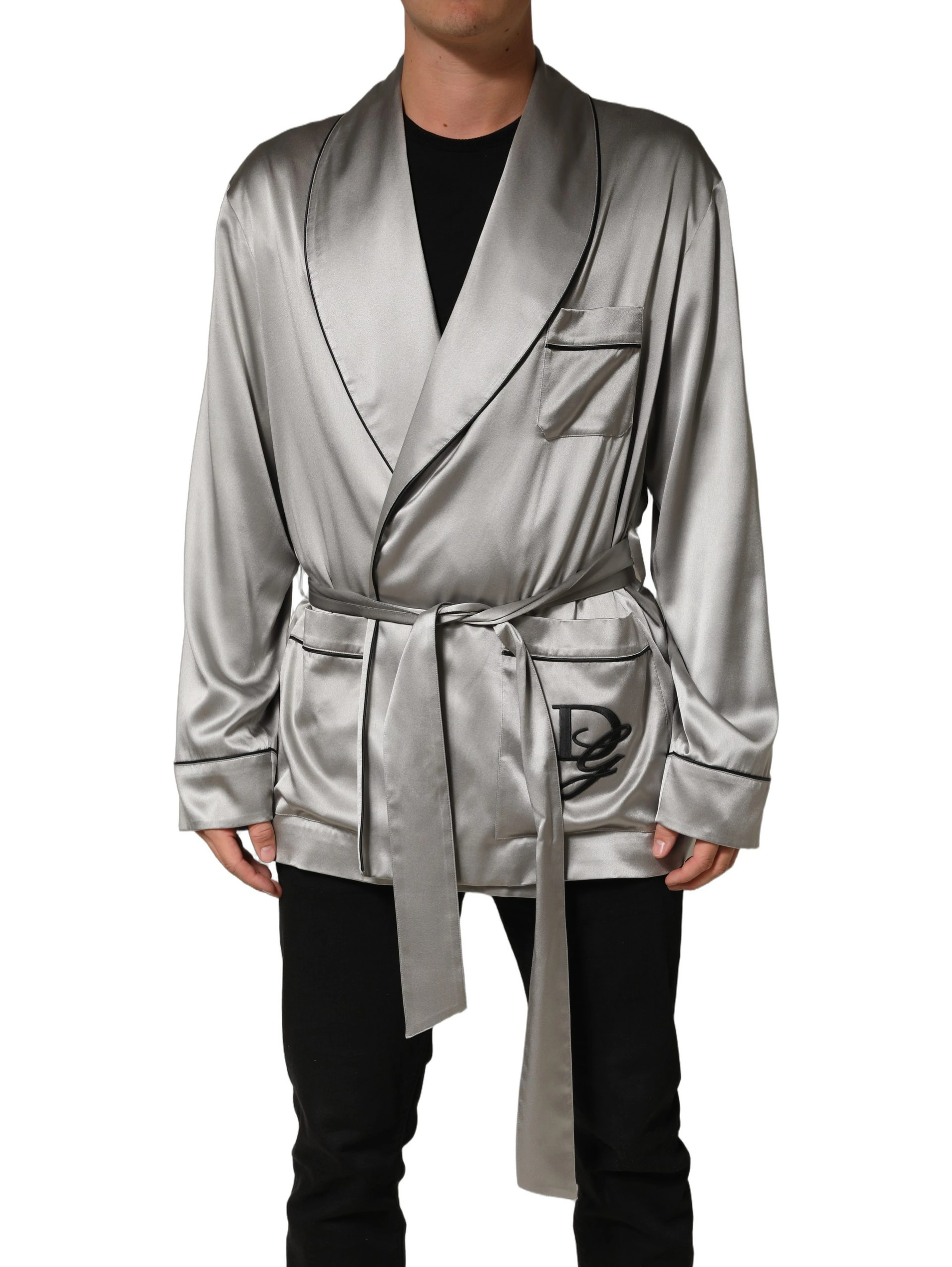 Gray Silk Satin Robe Embroidered Jacket
