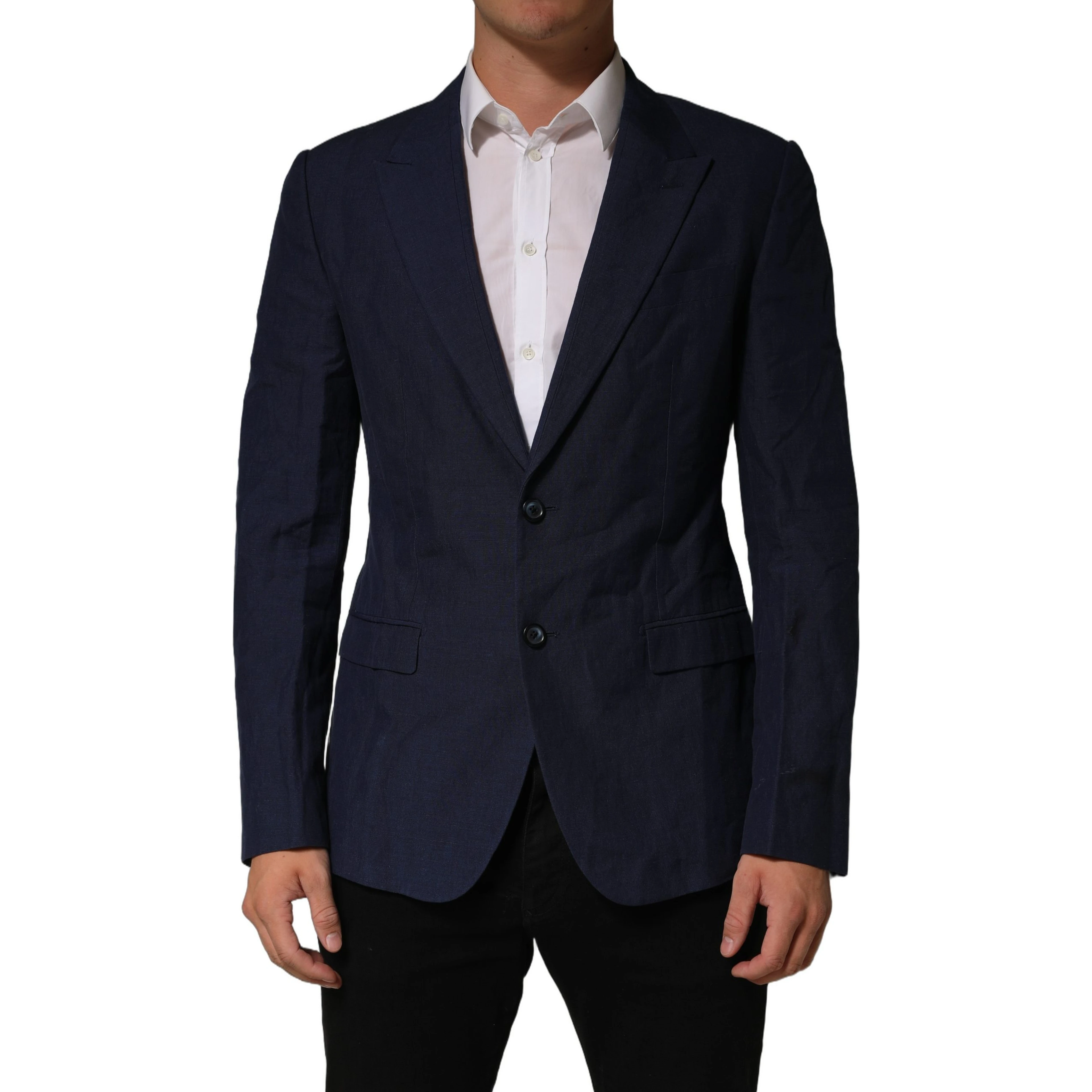 Dark Blue Flax Men Single Breasted Jacket