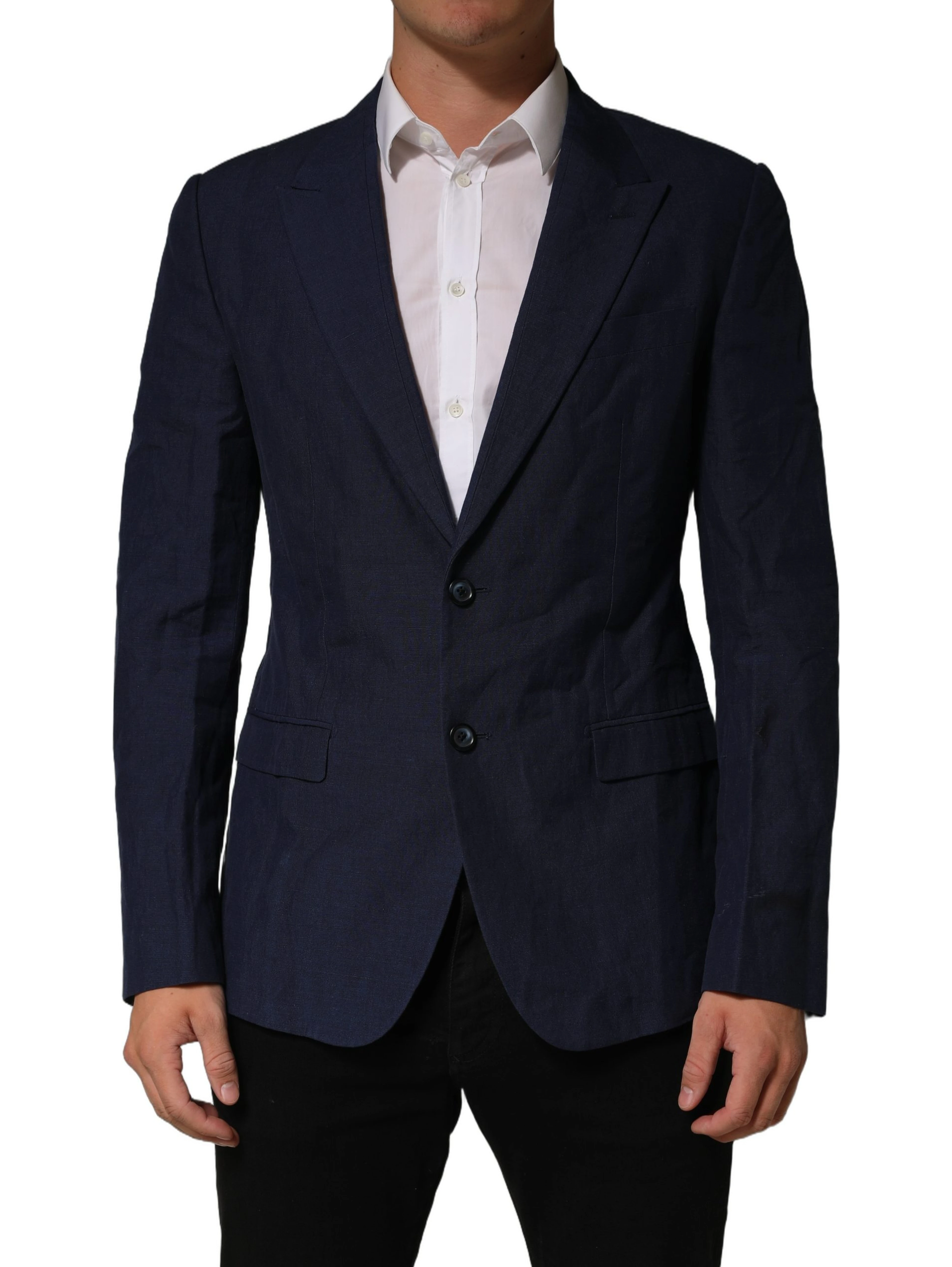 Dark Blue Flax Men Single Breasted Jacket