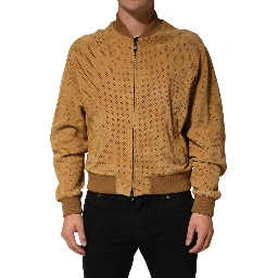 Beige Leather Perforated Full Zip Men Jacket