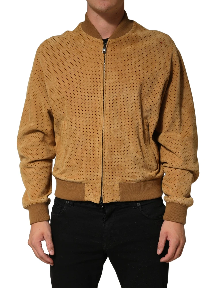 Beige Leather Perforated Full Zip Men Jacket