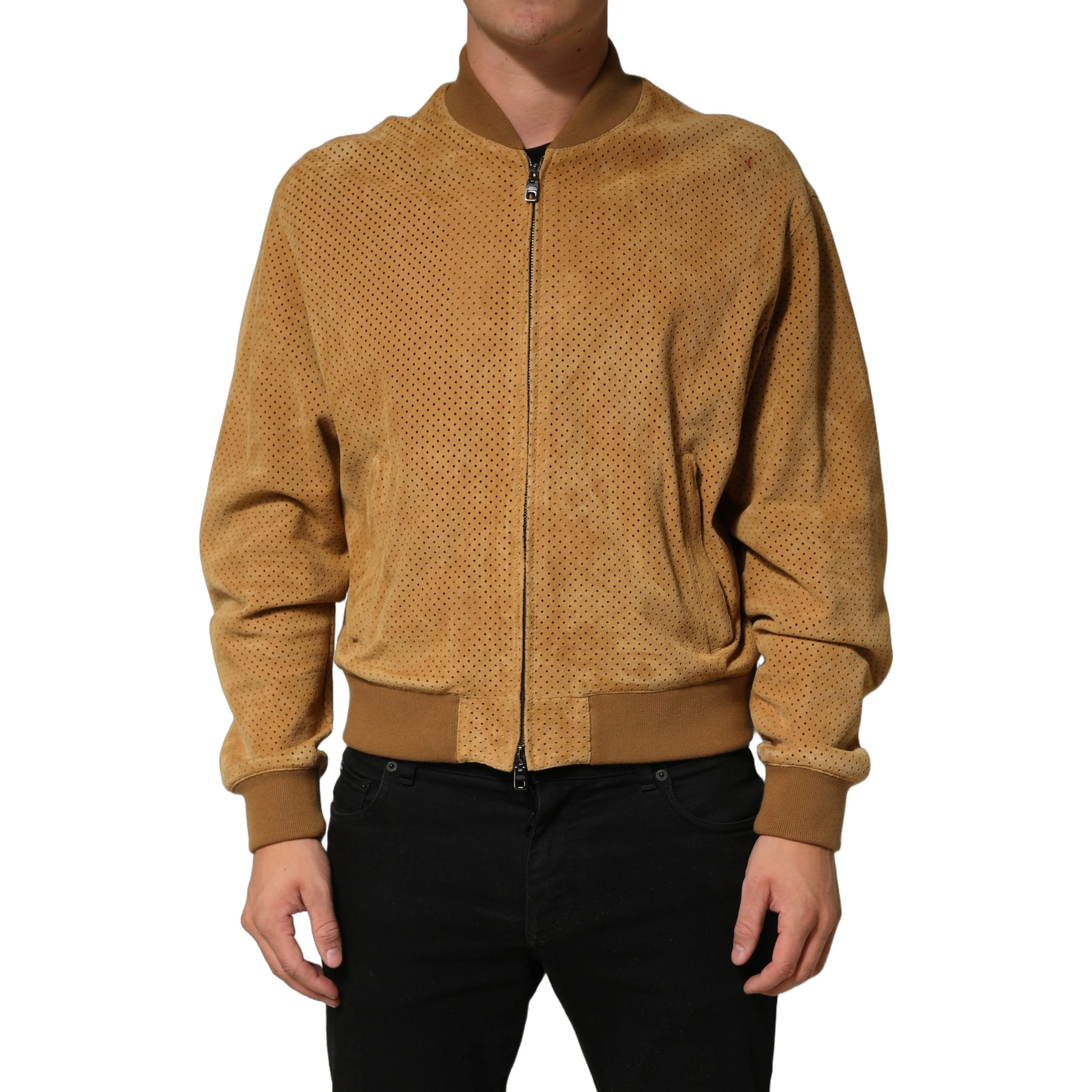 Beige Leather Perforated Full Zip Men Jacket