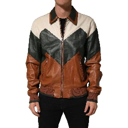 Multicolored Leather Full Zip Men Jacket