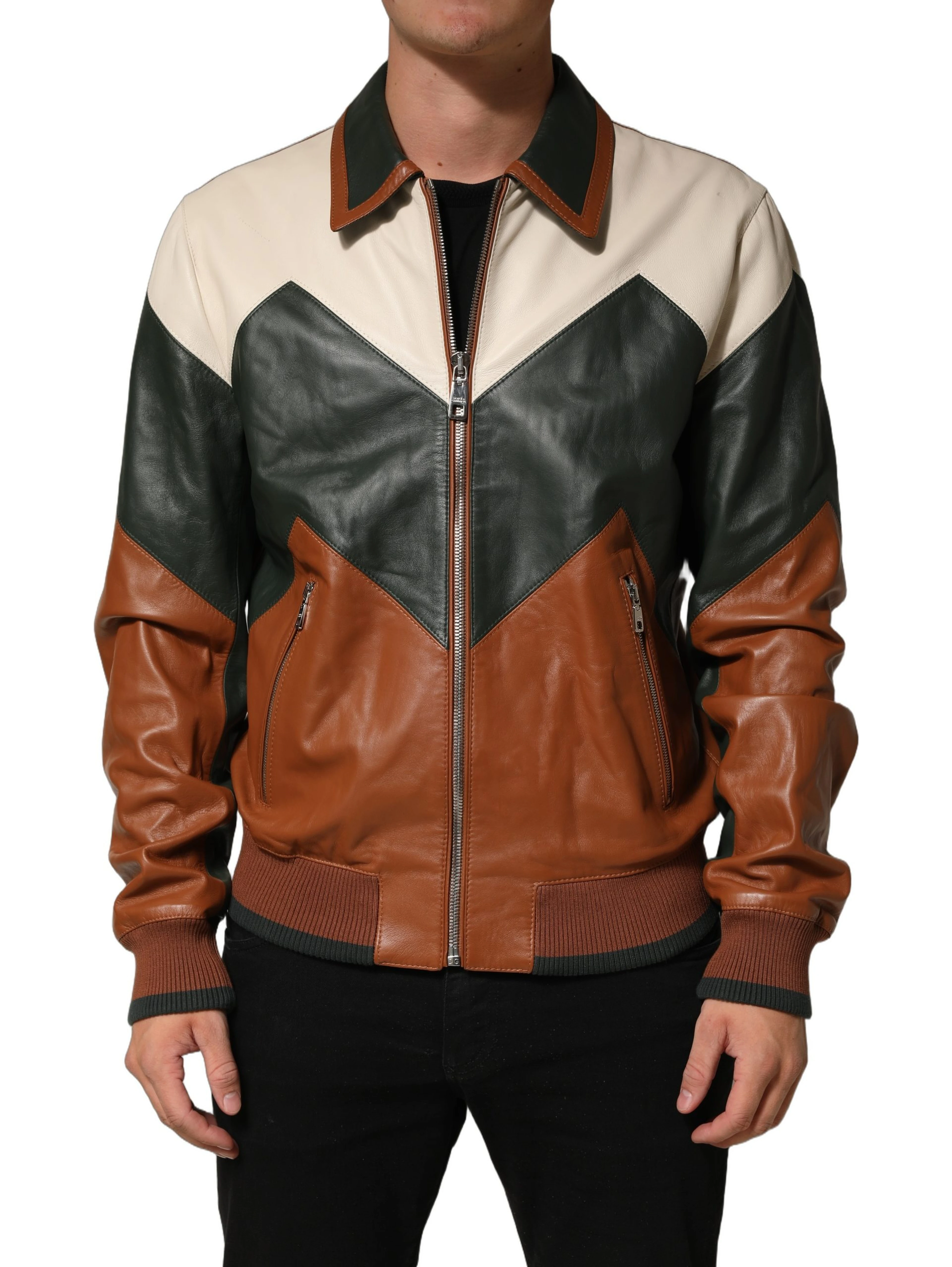 Multicolored Leather Full Zip Men Jacket