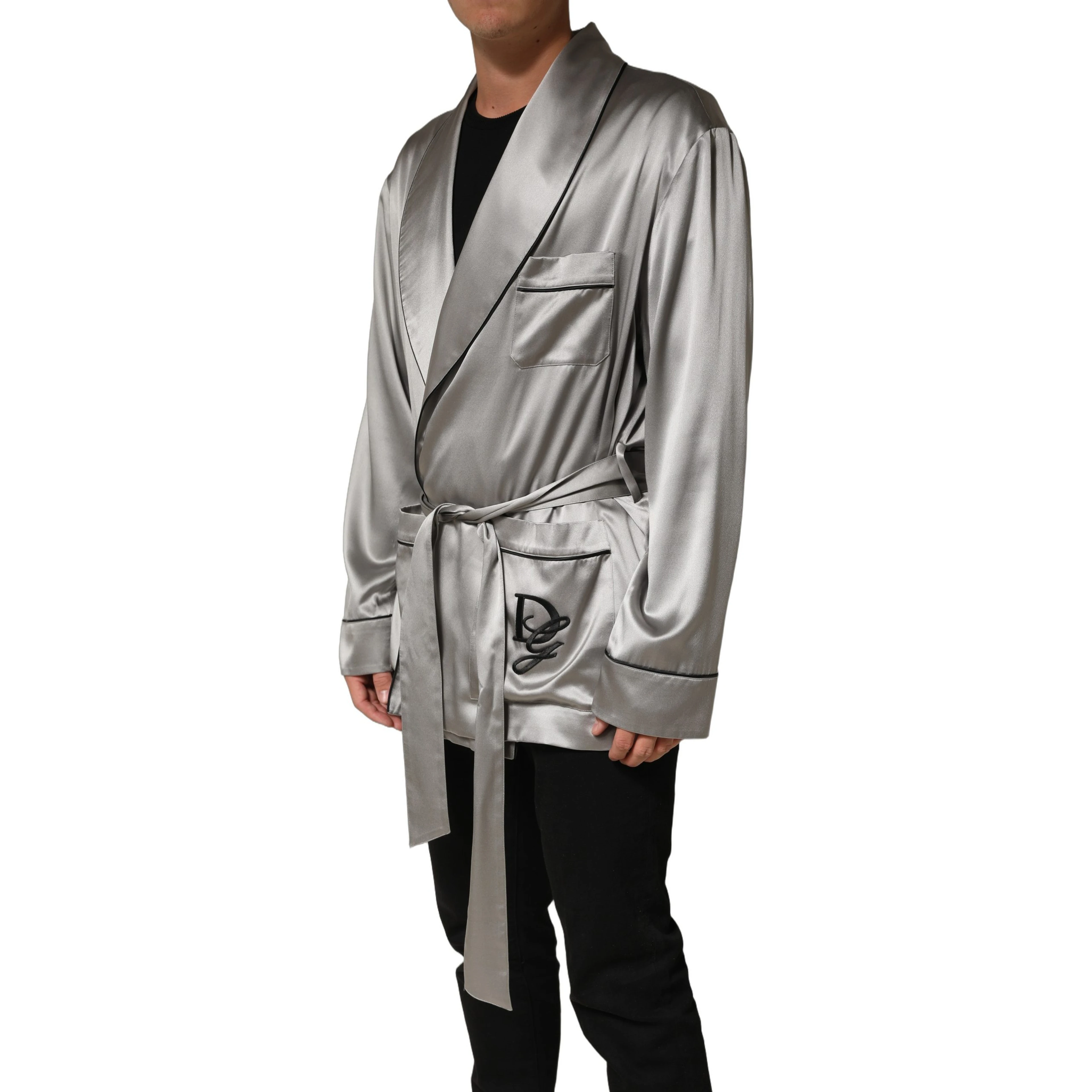 Gray Silk Satin Robe Embroidered Jacket