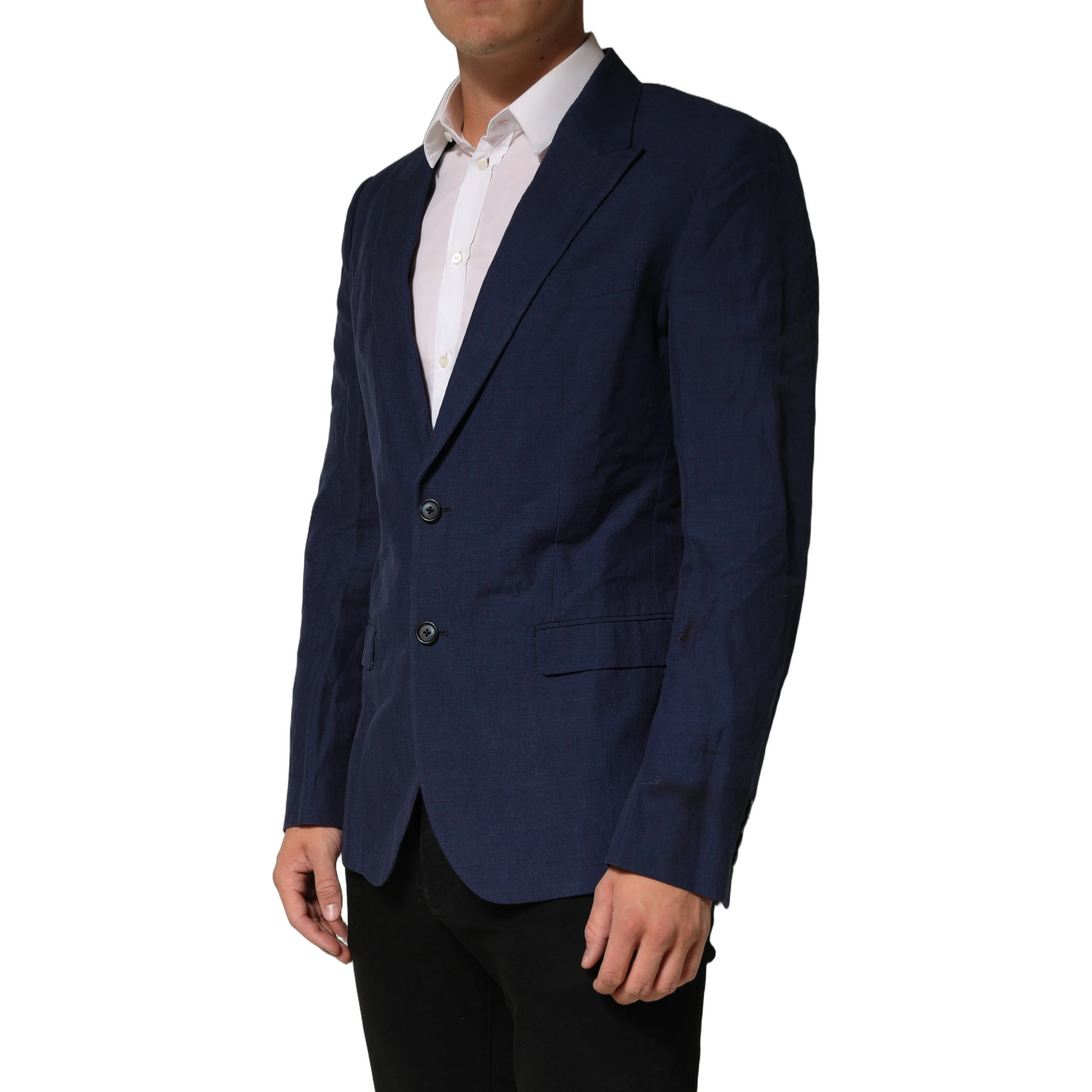 Dark Blue Flax Men Single Breasted Jacket