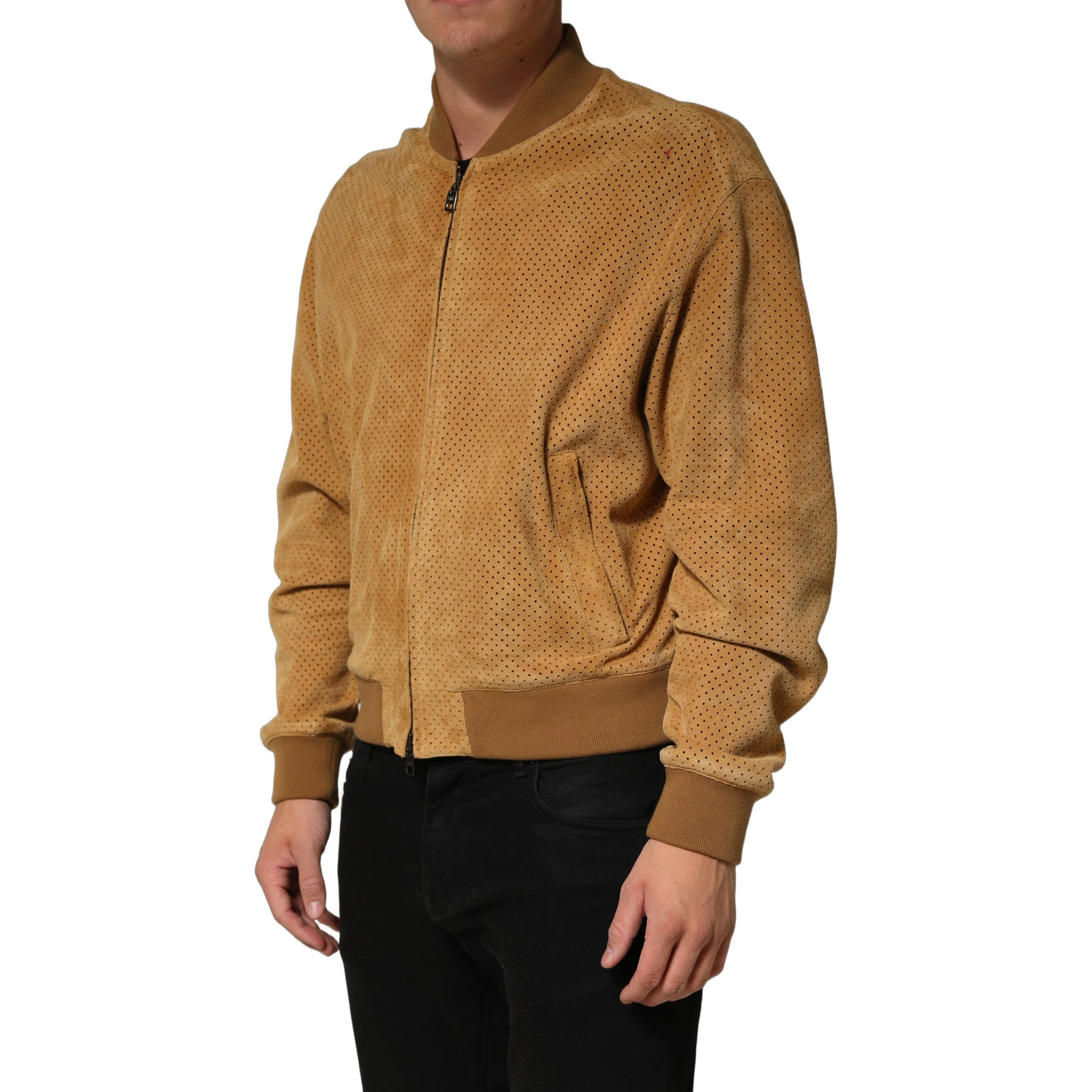 Beige Leather Perforated Full Zip Men Jacket