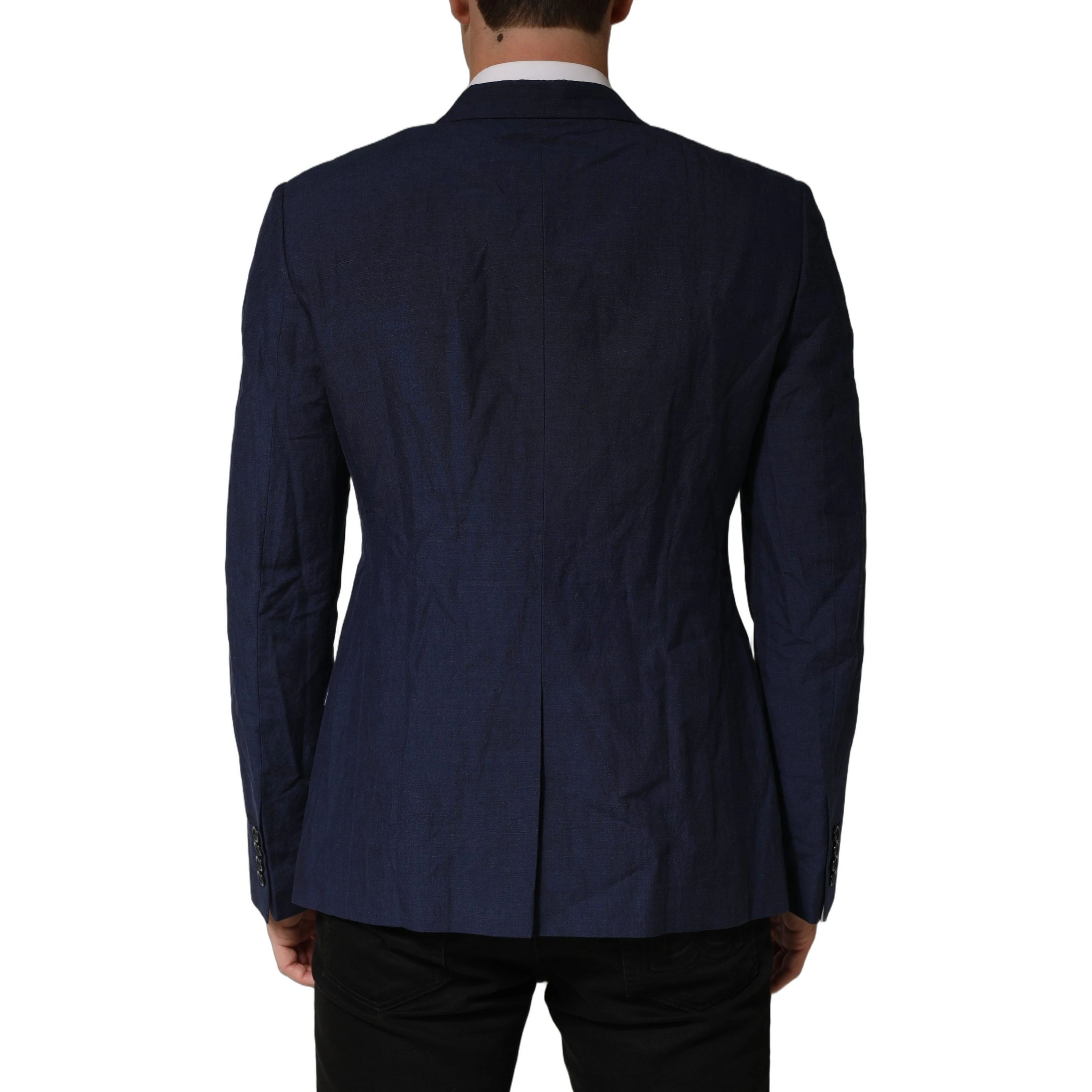 Dark Blue Flax Men Single Breasted Jacket