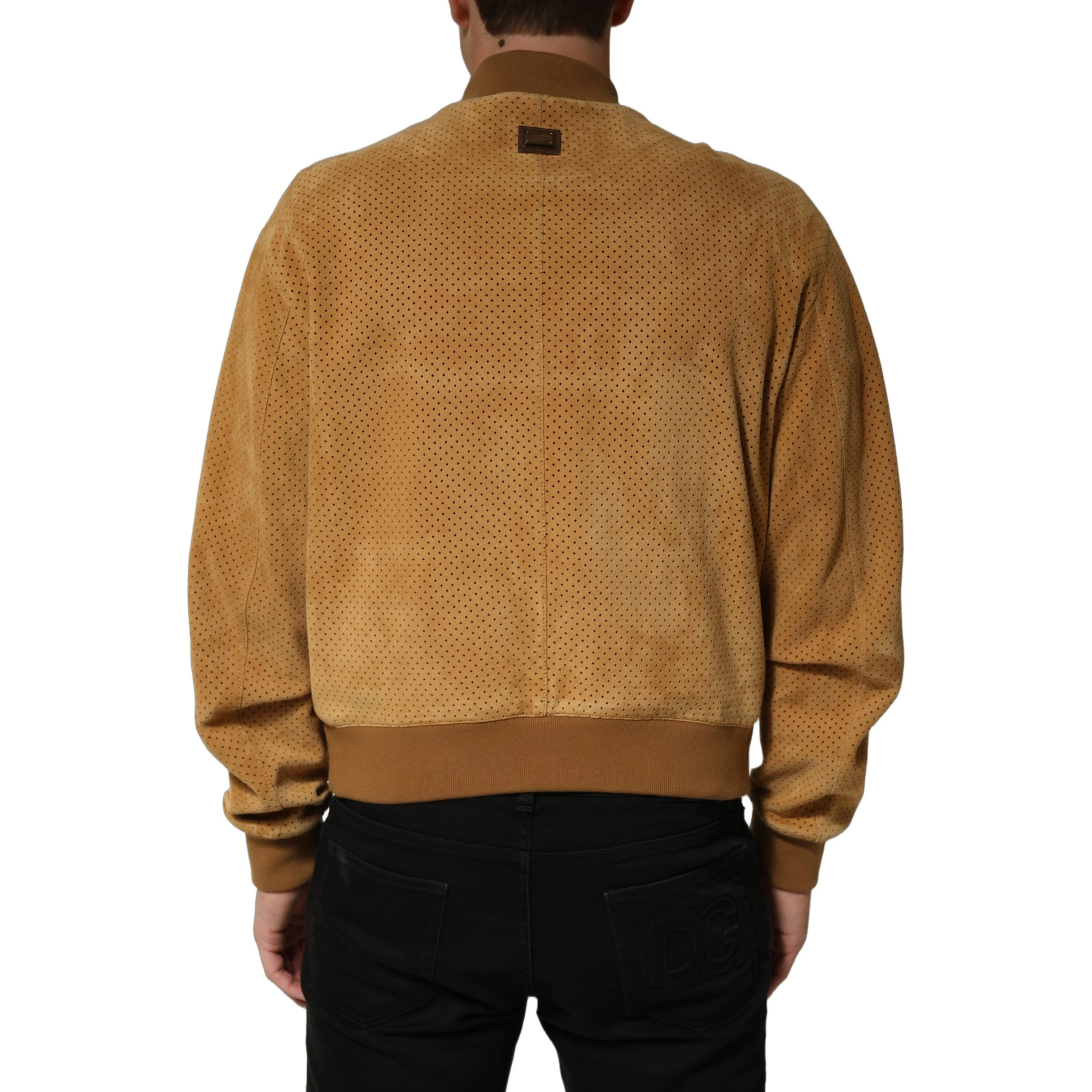 Beige Leather Perforated Full Zip Men Jacket