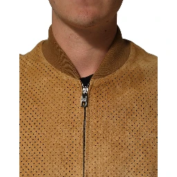 Beige Leather Perforated Full Zip Men Jacket