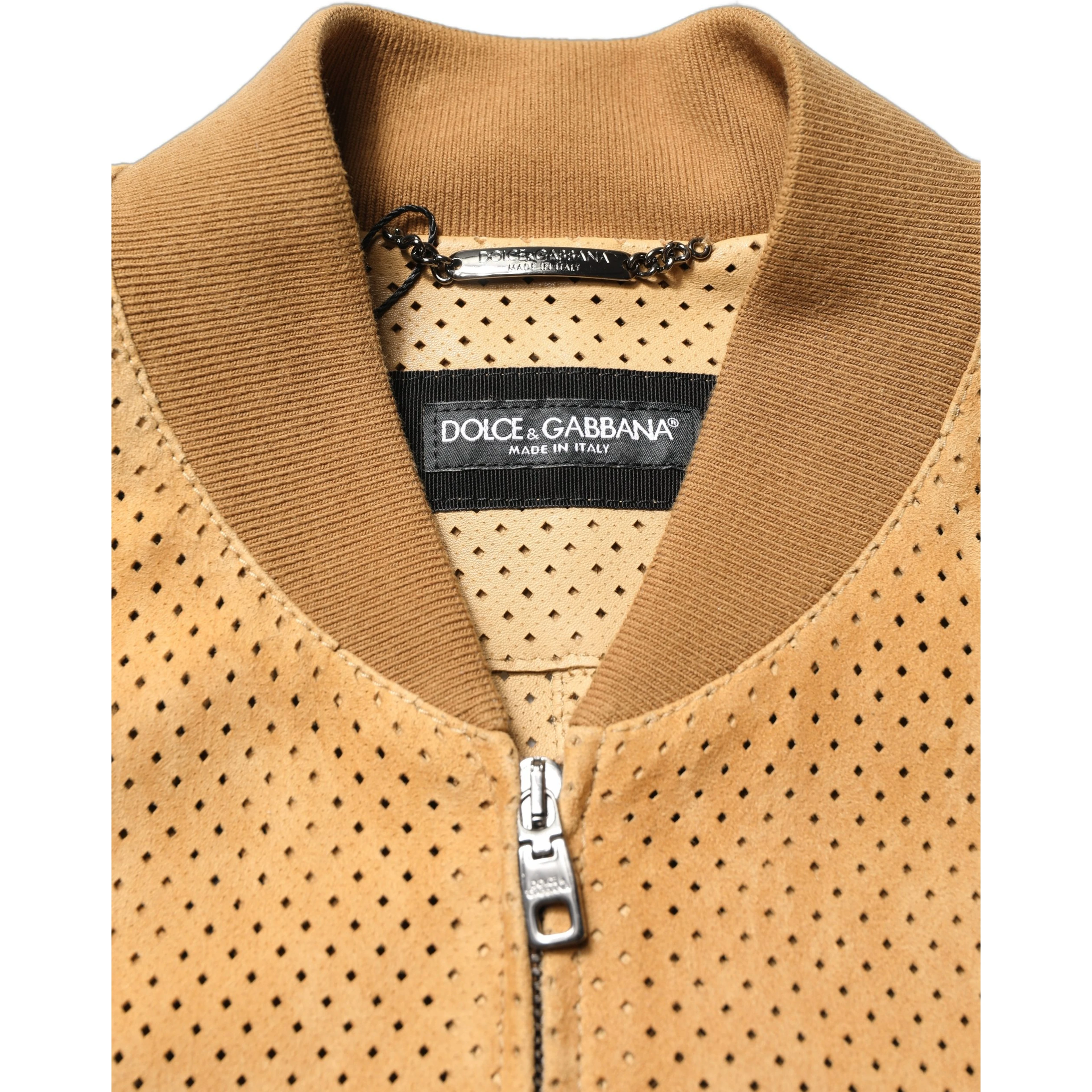 Beige Leather Perforated Full Zip Men Jacket