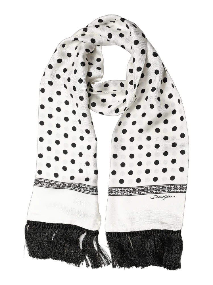 White Black Polka Dot Fringed Shawl Scarf