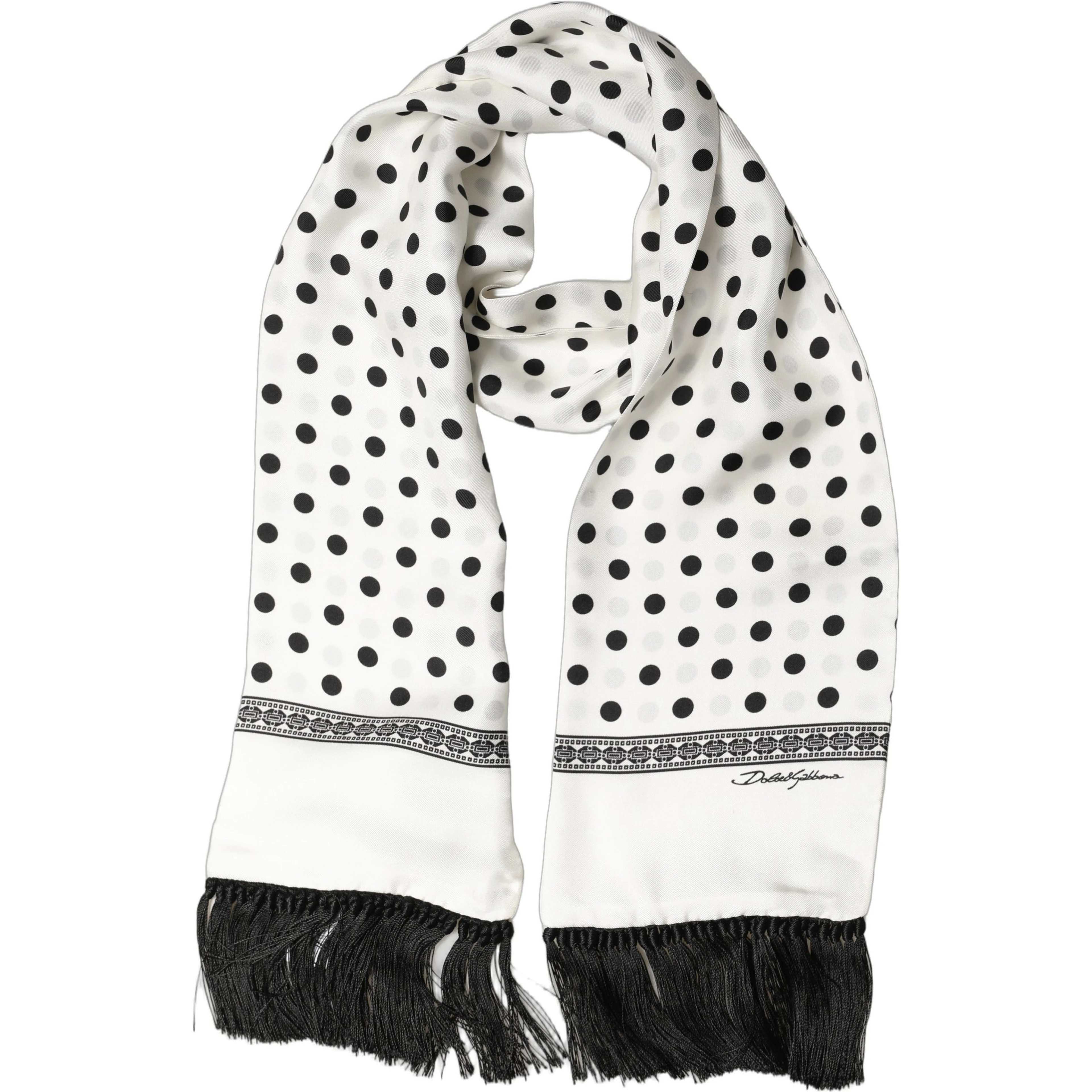 White Black Polka Dot Fringed Shawl Scarf