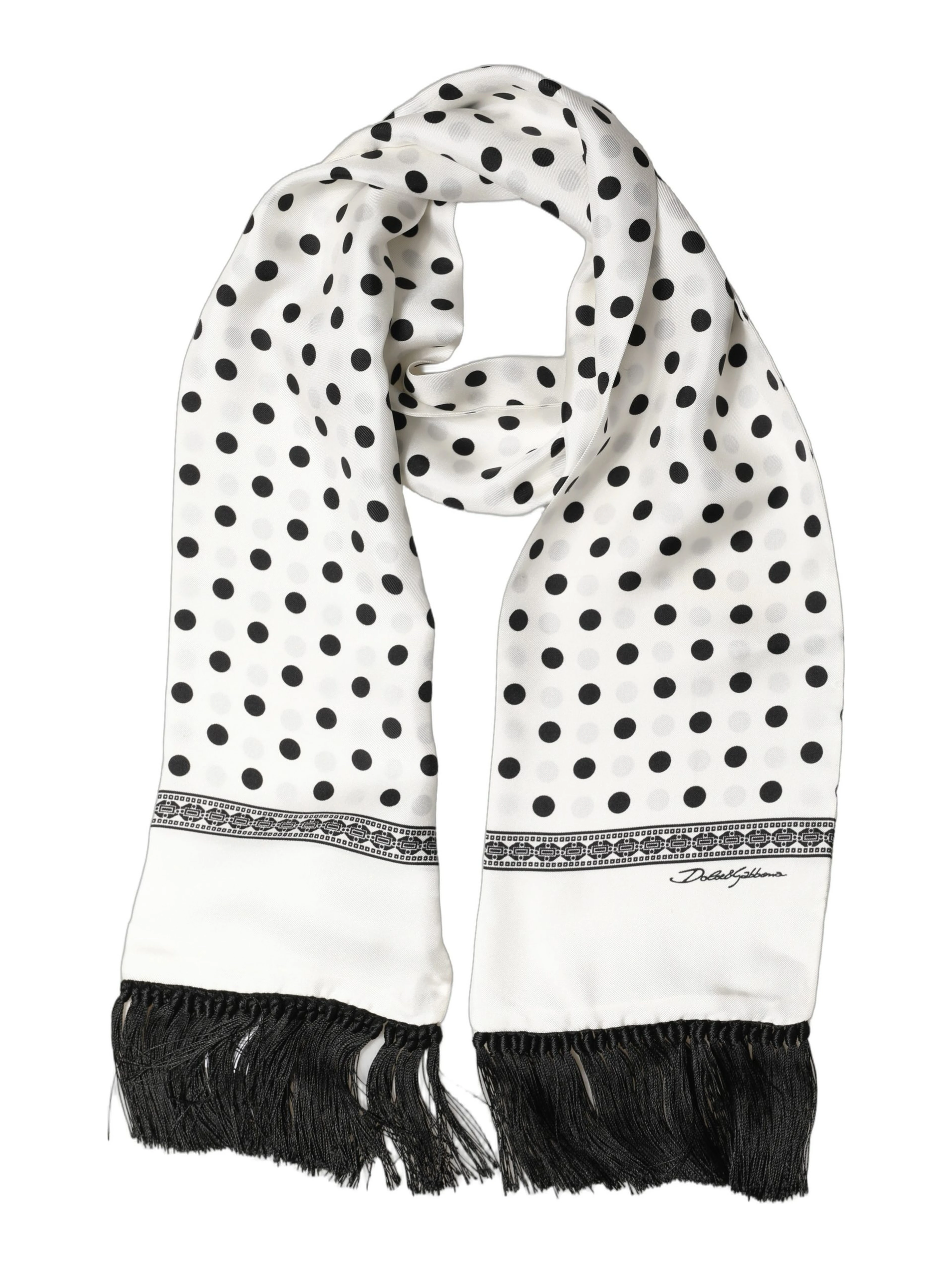 White Black Polka Dot Fringed Shawl Scarf