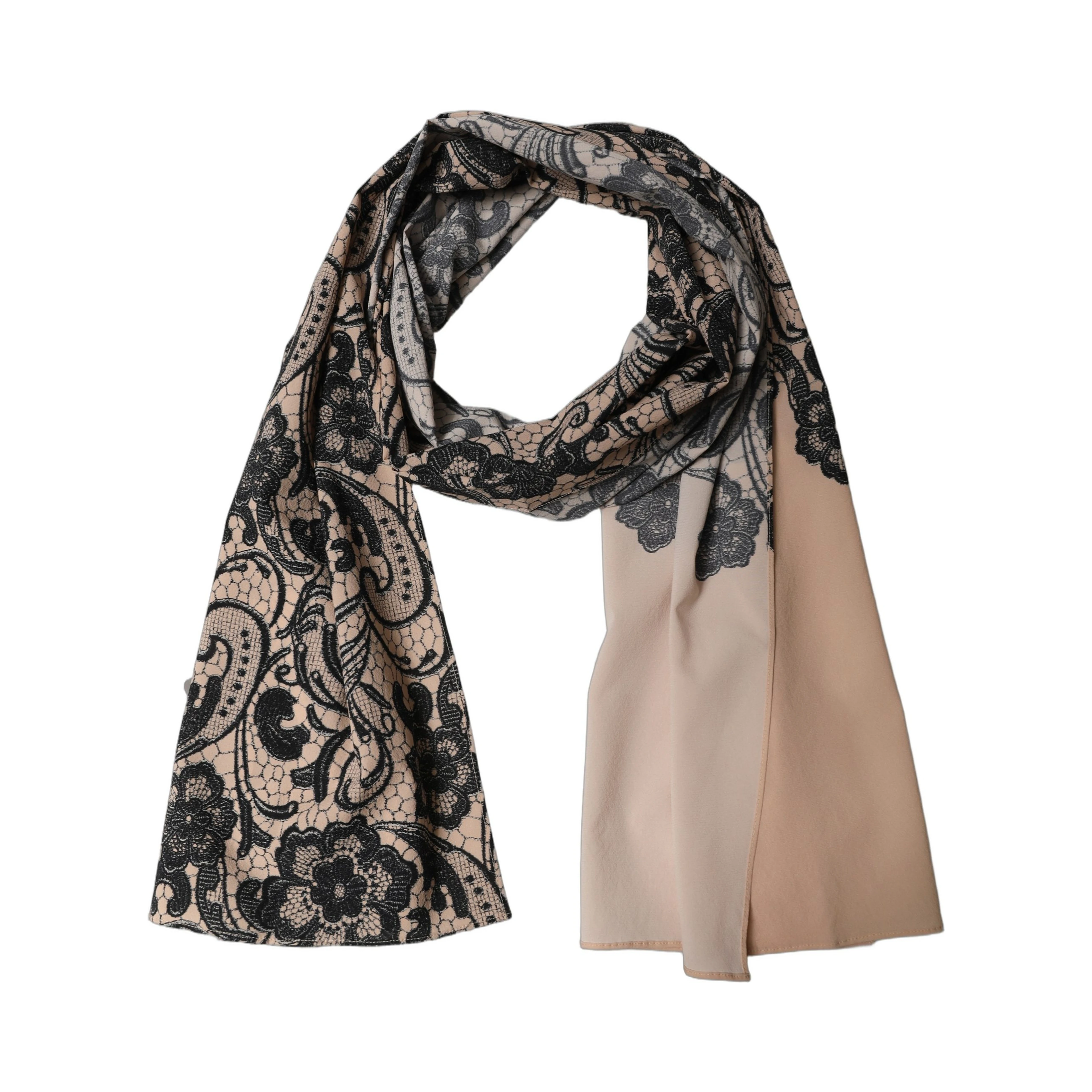 Black Beige Floral Lace Silk Neck Shawl Scarf
