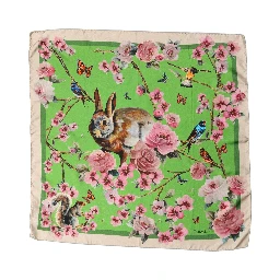 Green Floral Print Silk Square Foulard Scarf