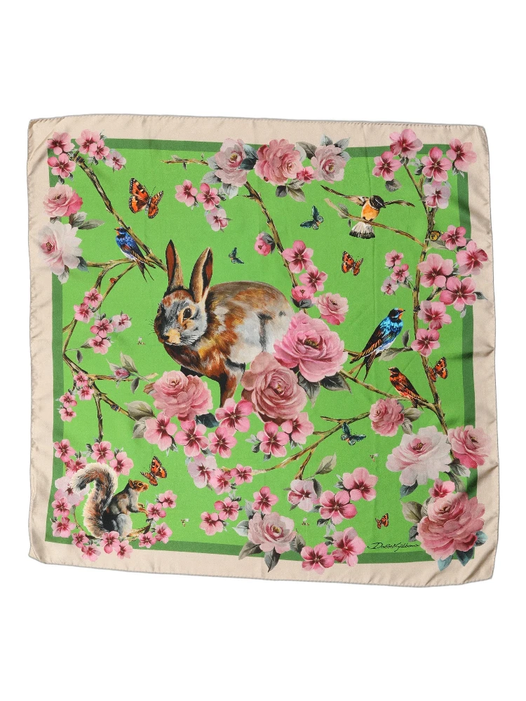 Green Floral Print Silk Square Foulard Scarf