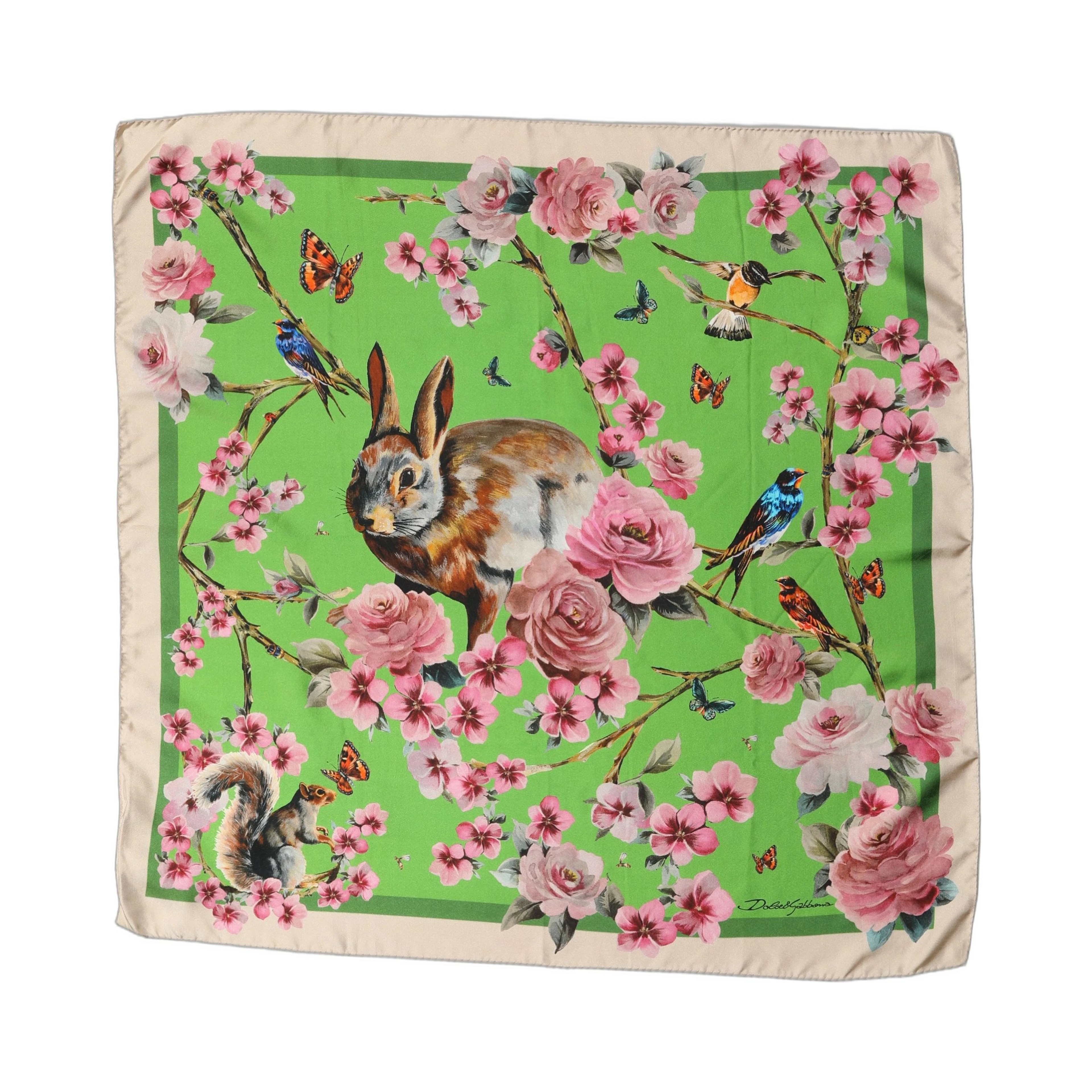 Green Floral Print Silk Square Foulard Scarf