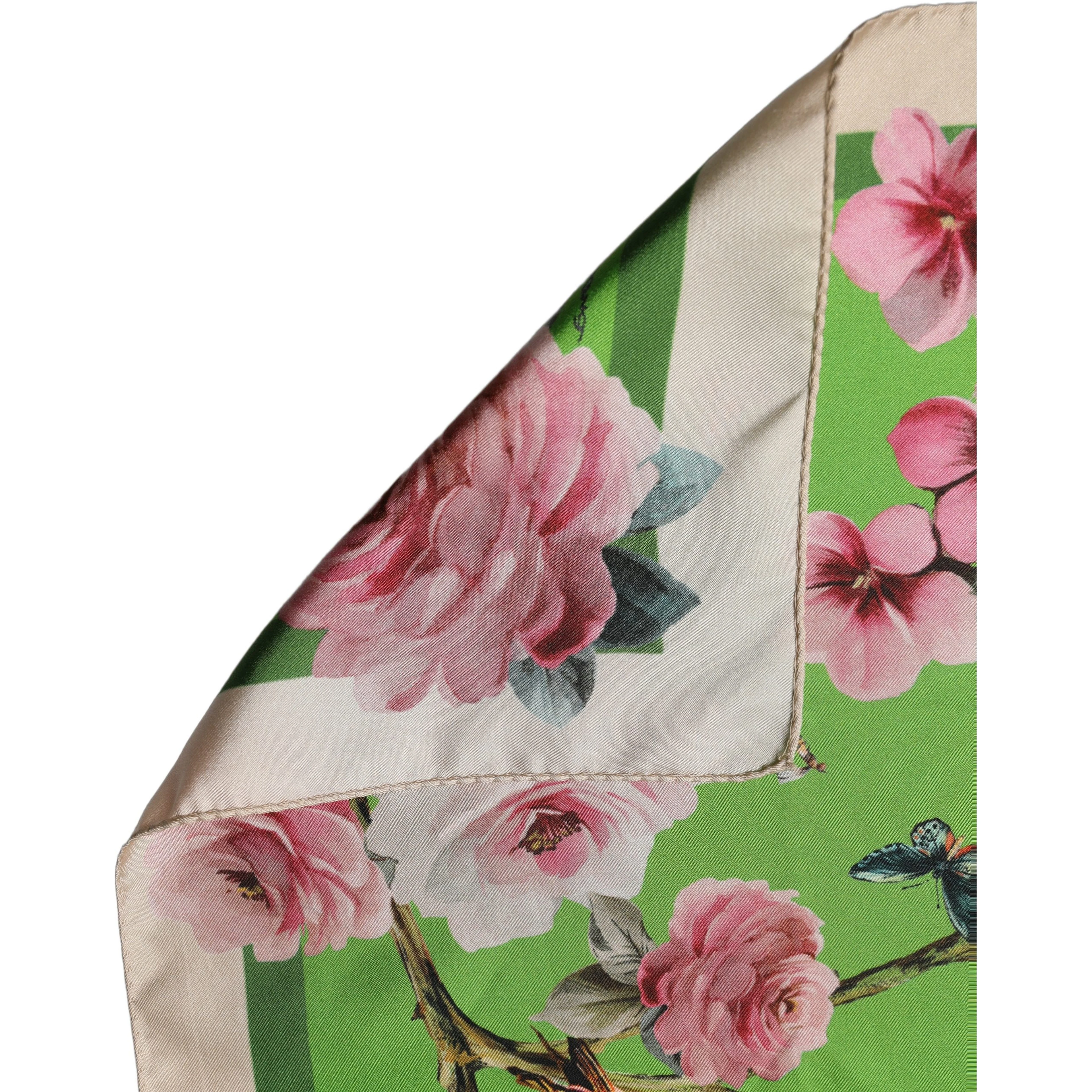Green Floral Print Silk Square Foulard Scarf