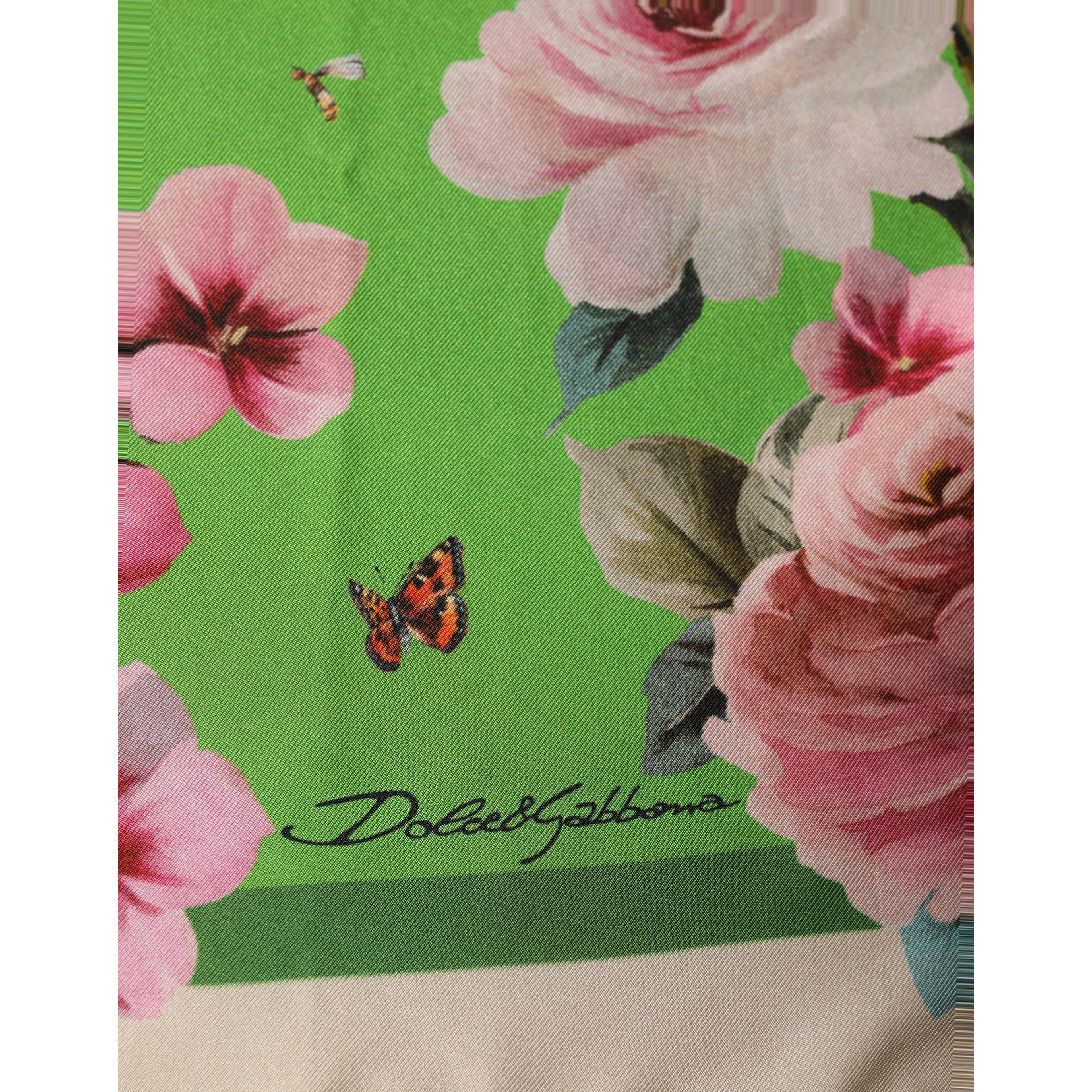 Green Floral Print Silk Square Foulard Scarf