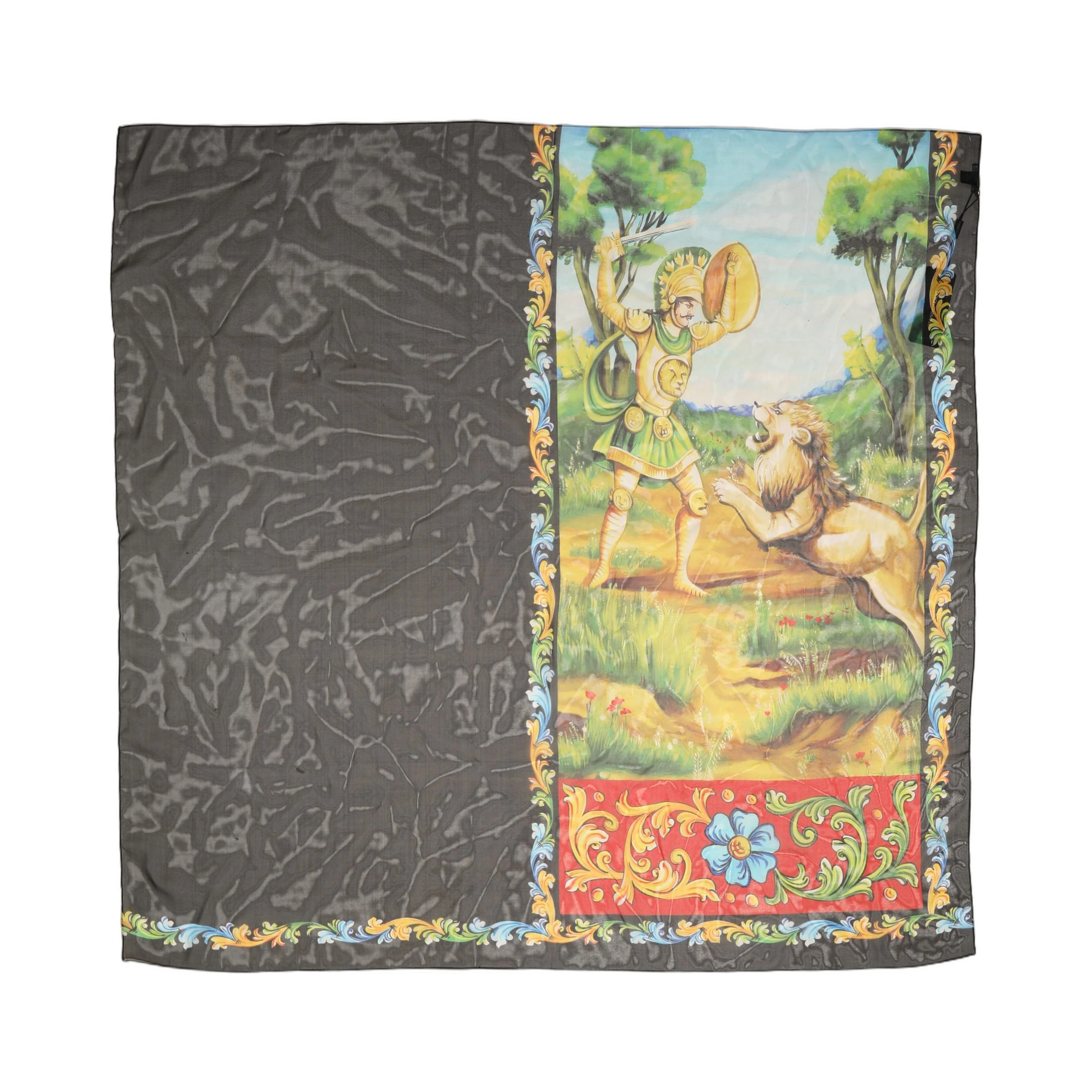 Dark Gray Silk Scenery Print Foulard Scarf
