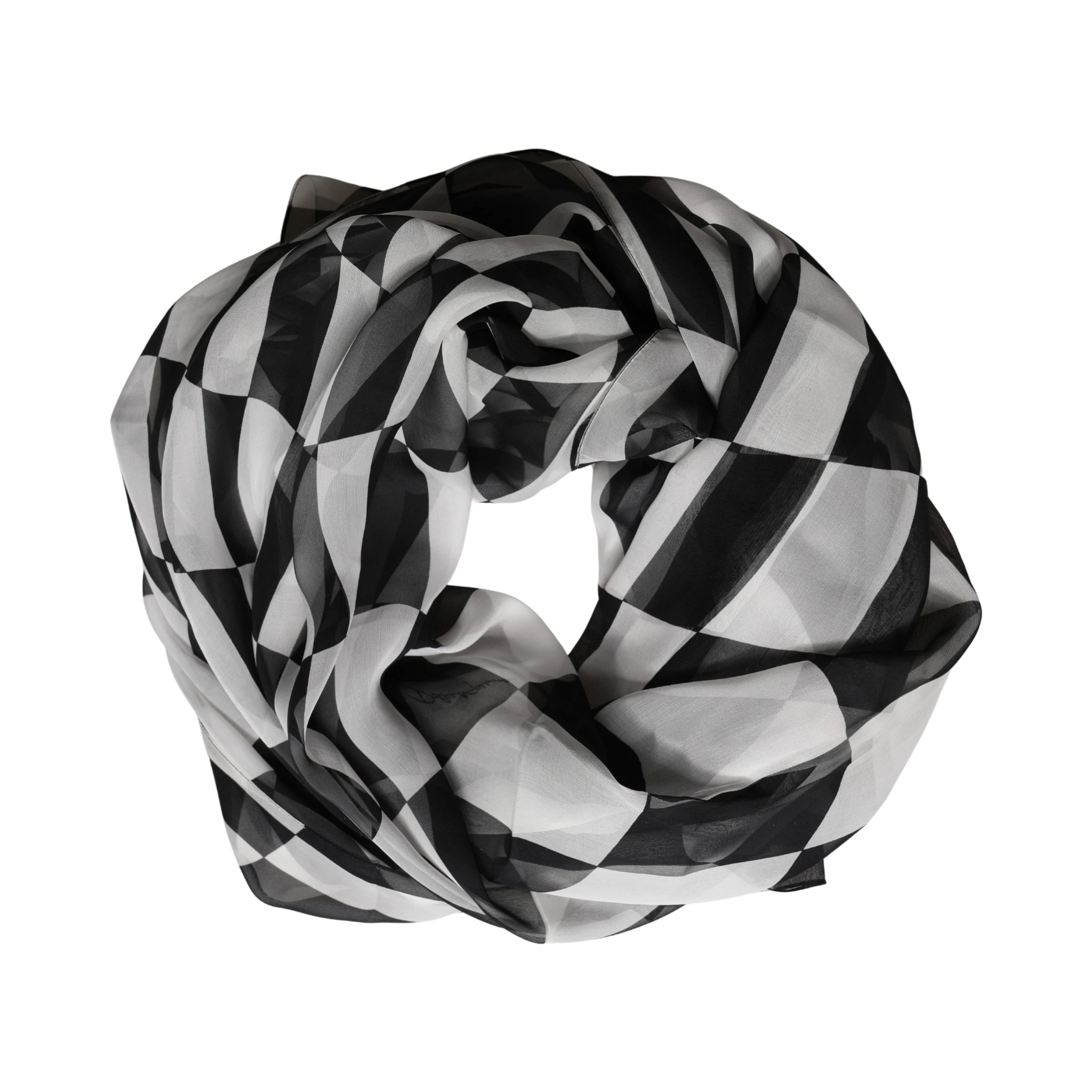 White Black Checkered Silk Foulard Scarf