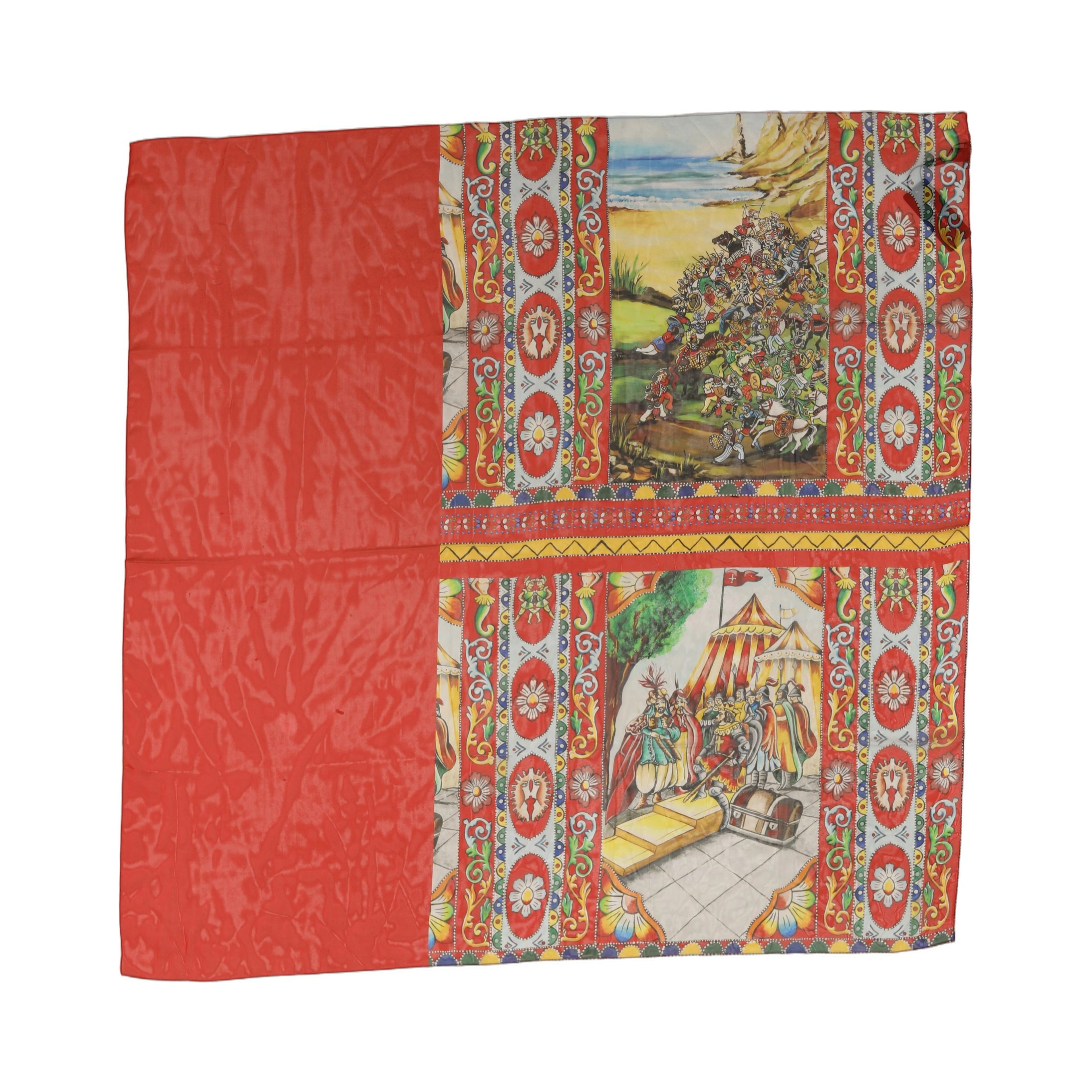 Red Silk Historical Print Foulard Scarf