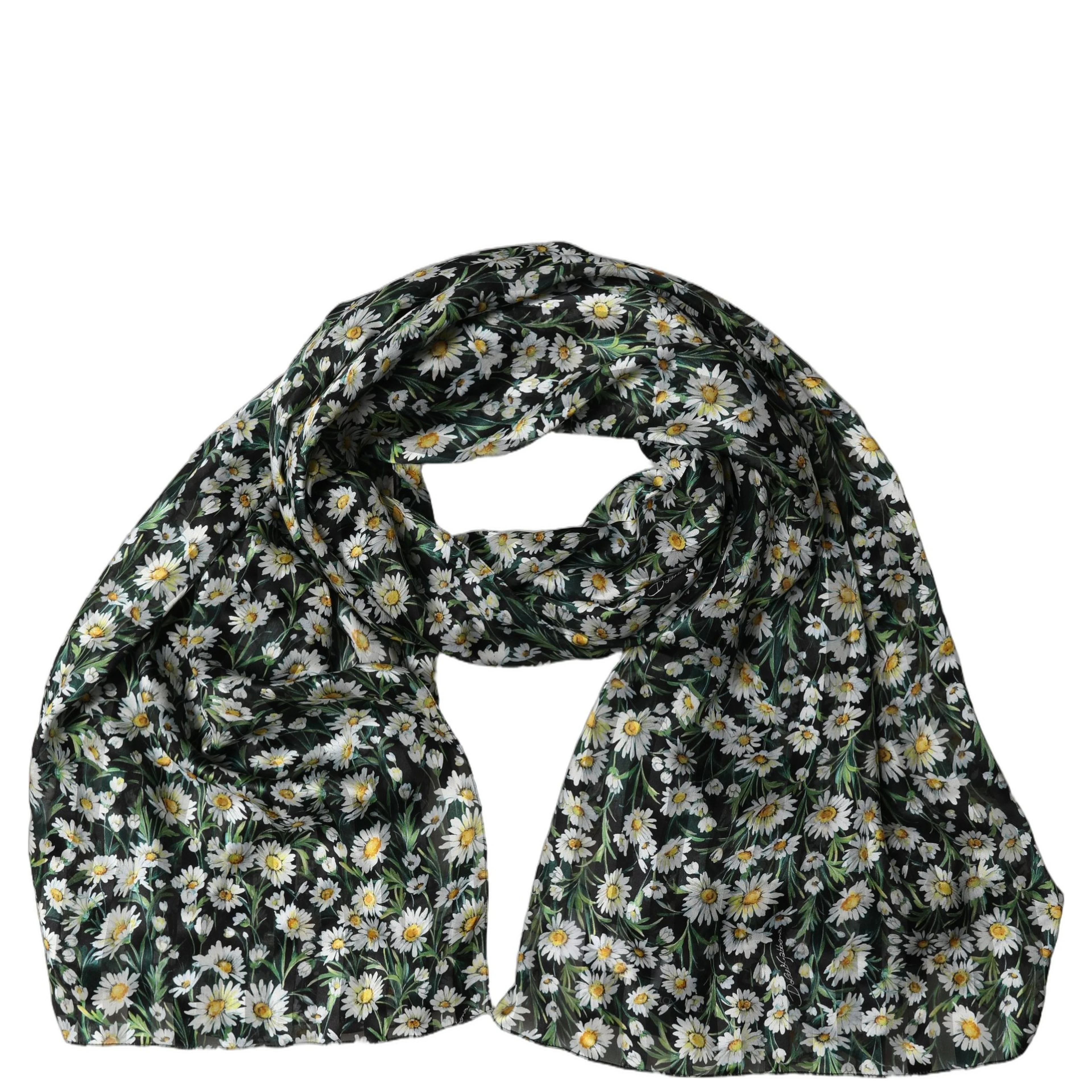 Black Silk Daisy Chiffon Long Stole Scarf