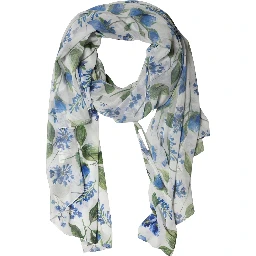 White Blue Floral Polyester Stole Scarf