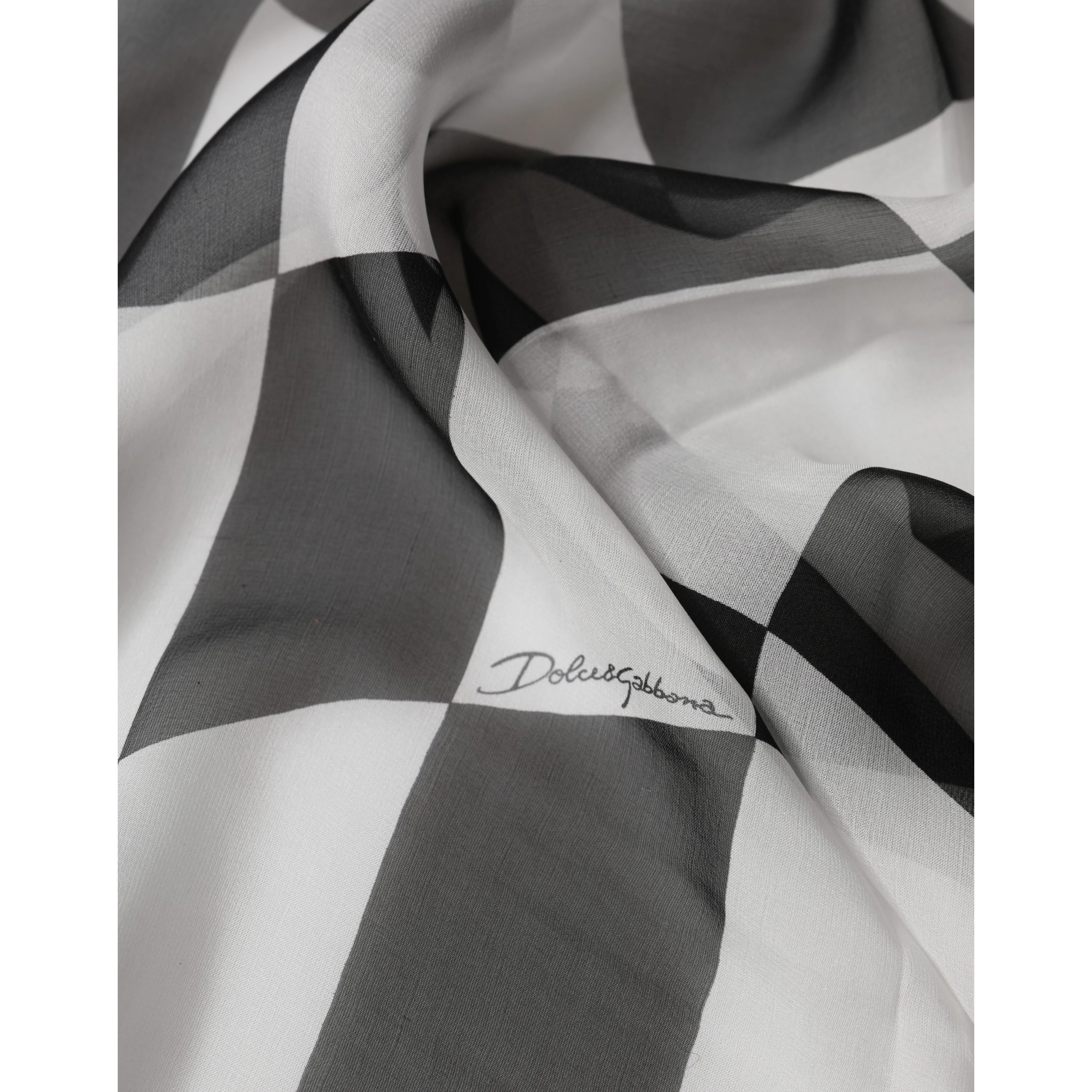 White Black Checkered Silk Foulard Scarf