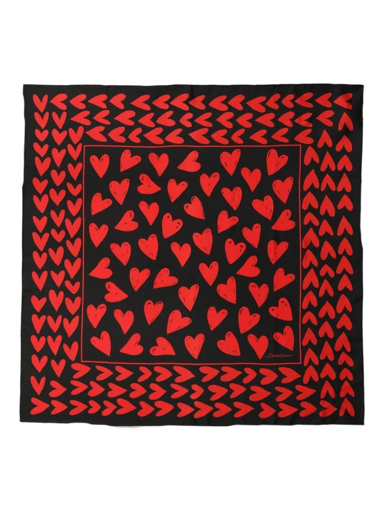 Black Red Silk Hearts Square Foulard Scarf