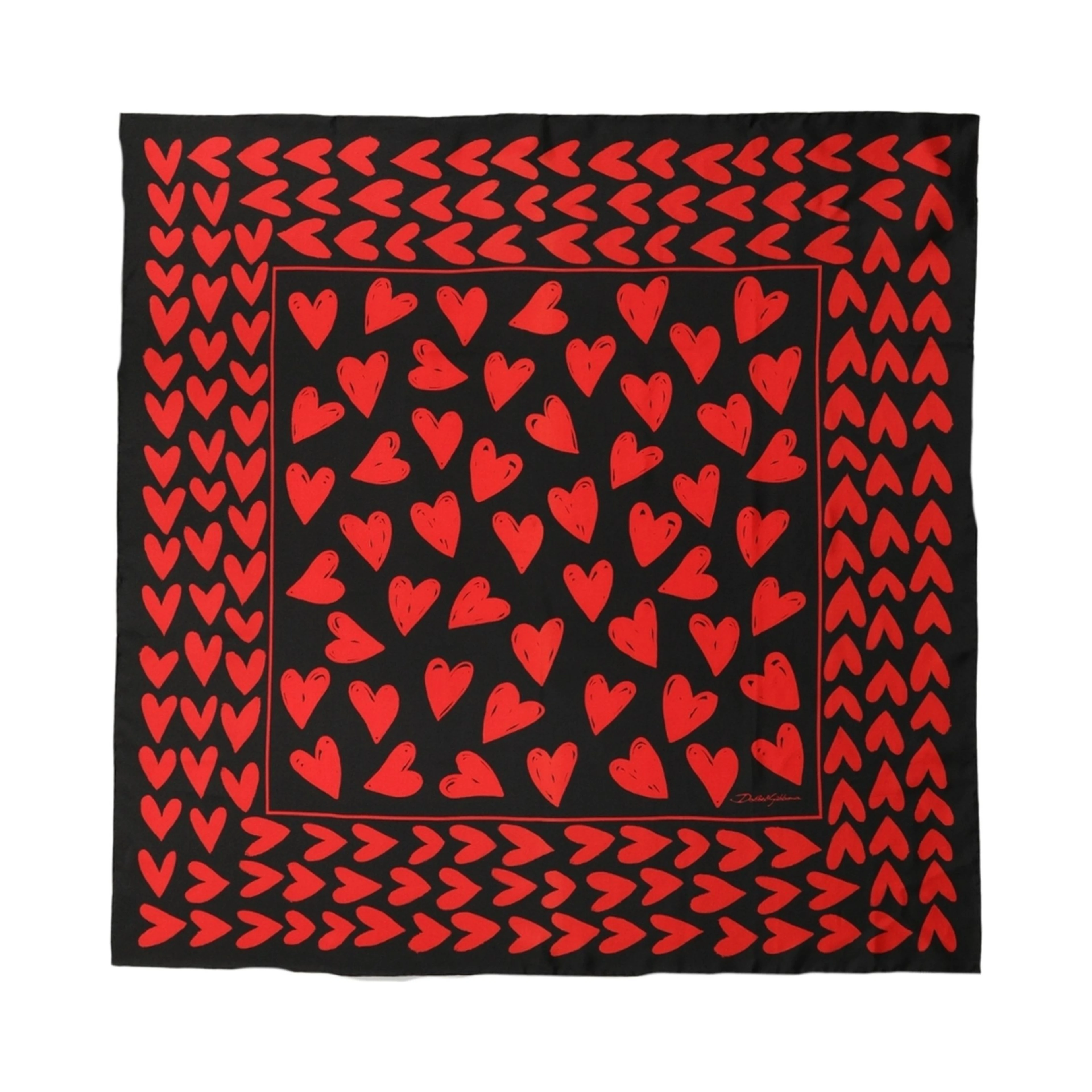 Black Red Silk Hearts Square Foulard Scarf