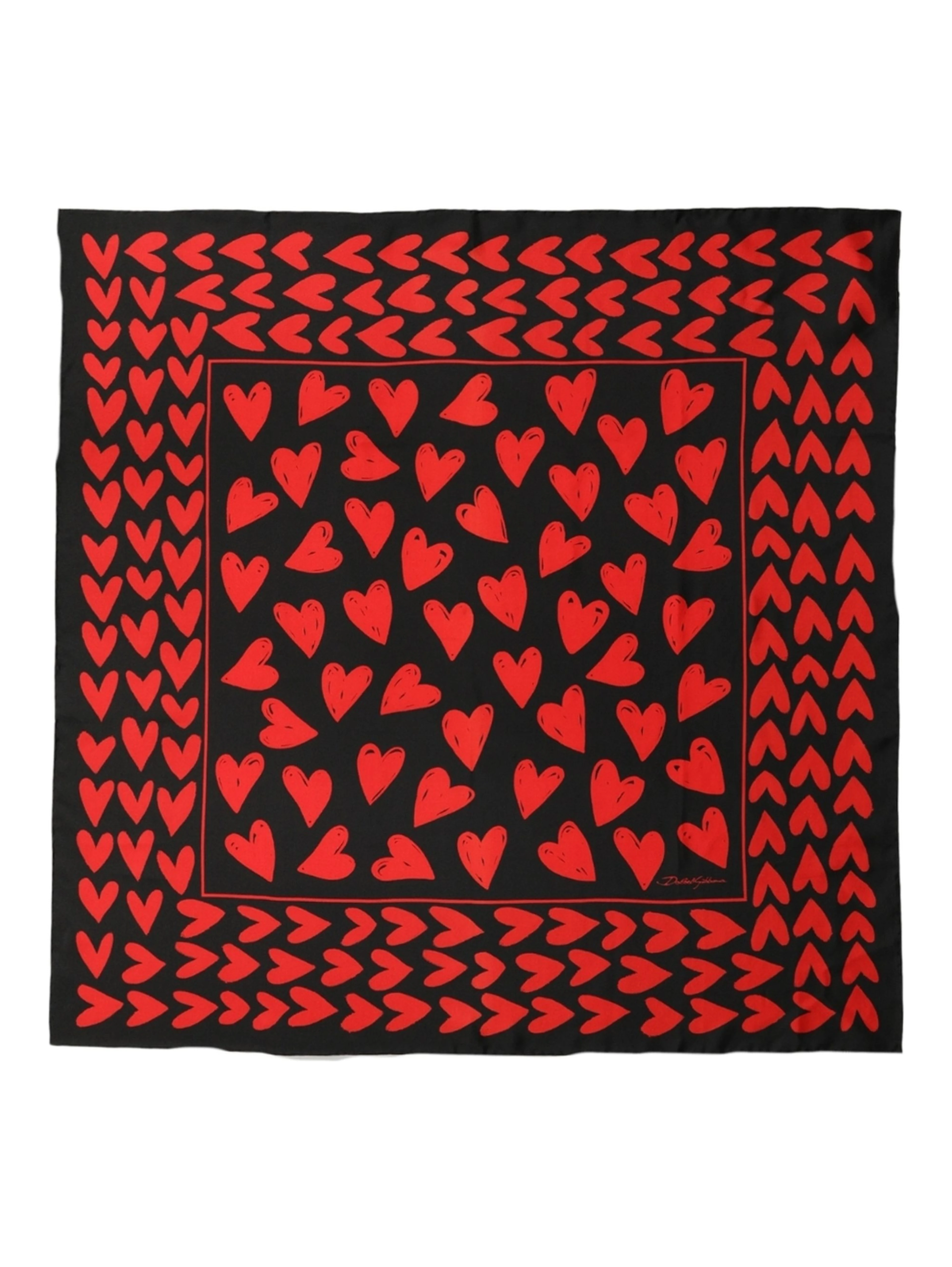 Black Red Silk Hearts Square Foulard Scarf