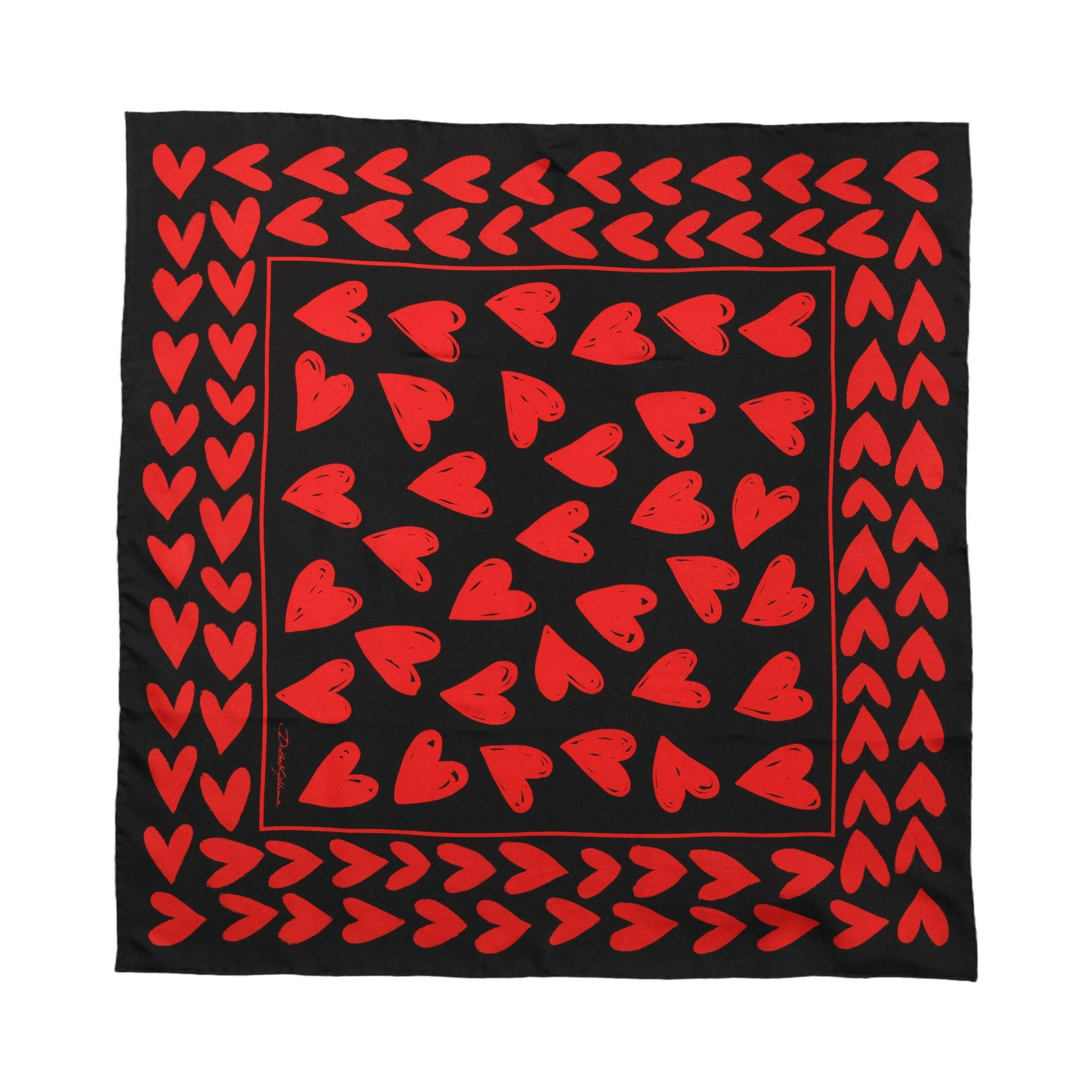 Black Red Silk Hearts Square Foulard Scarf