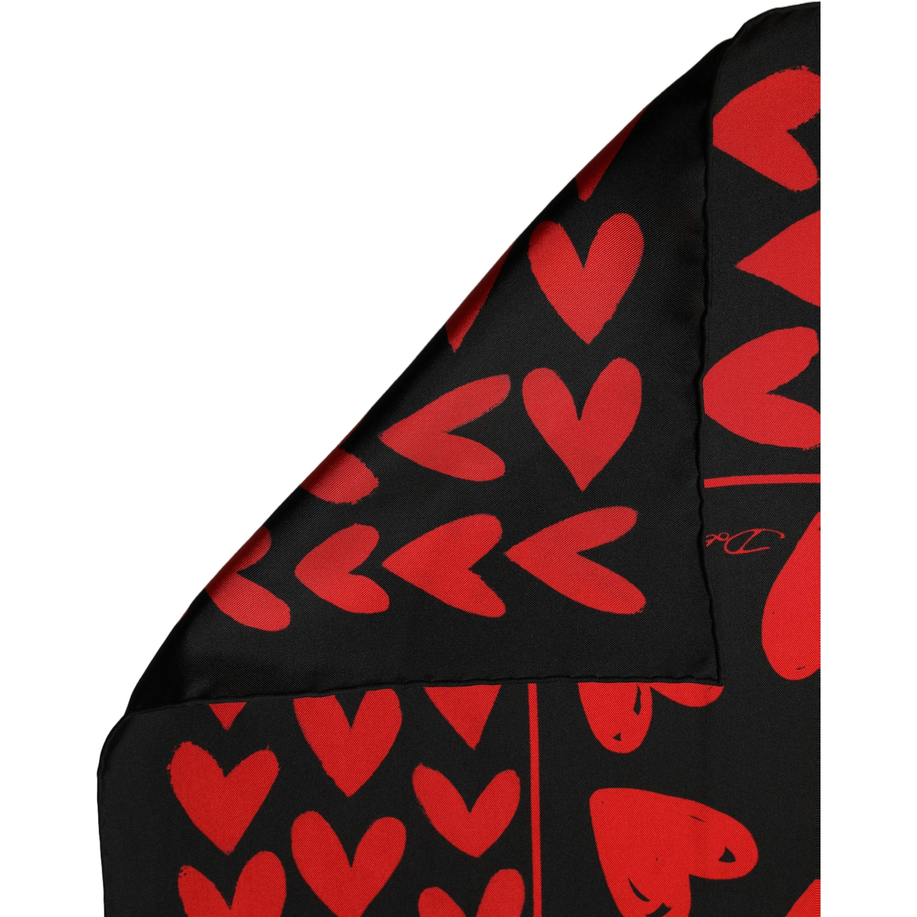 Black Red Silk Hearts Square Foulard Scarf