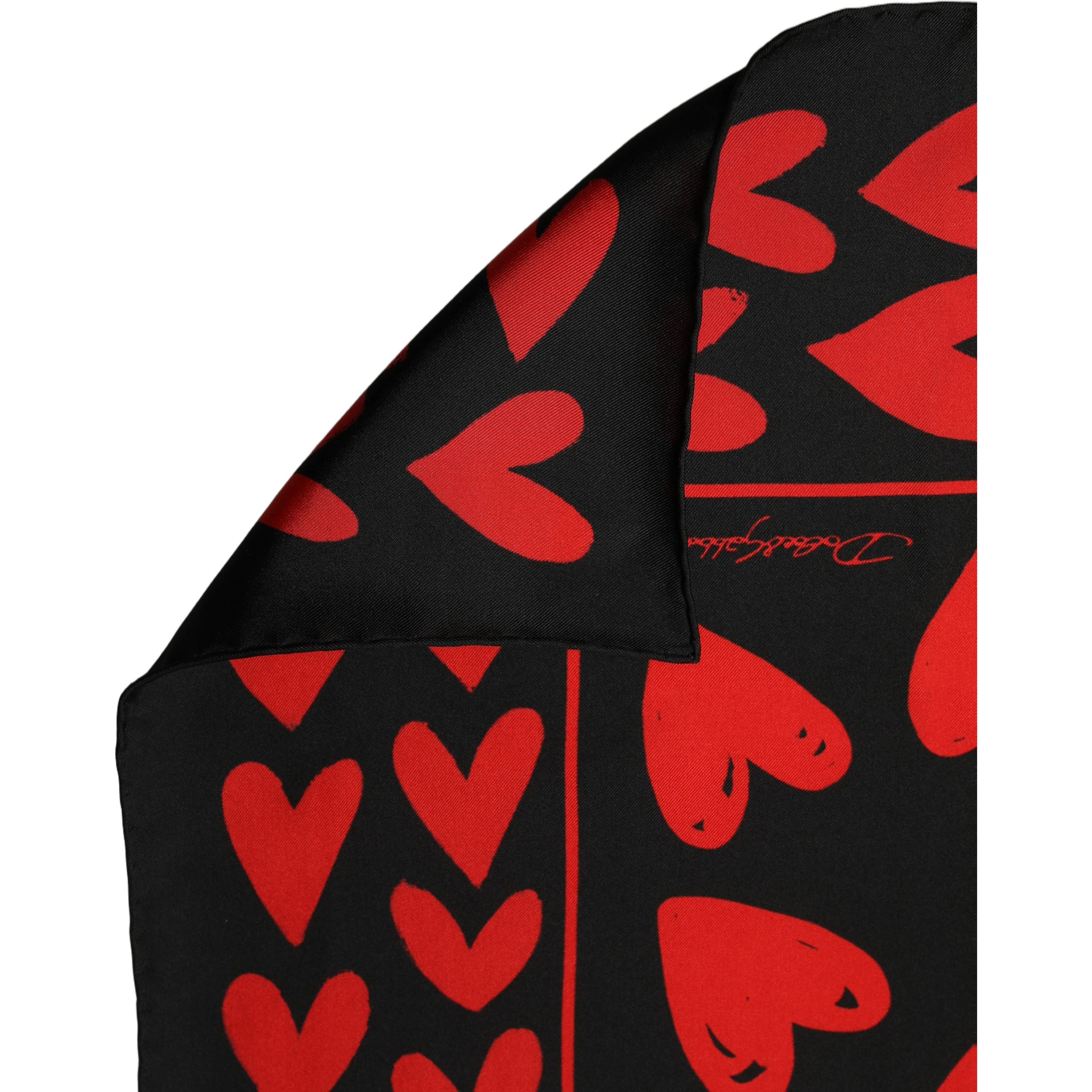 Black Red Silk Hearts Square Foulard Scarf