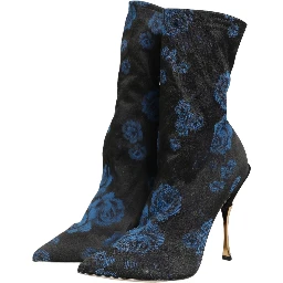 Black Blue Floral Stretch Sock Boots Shoes