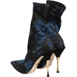 Black Blue Floral Stretch Sock Boots Shoes